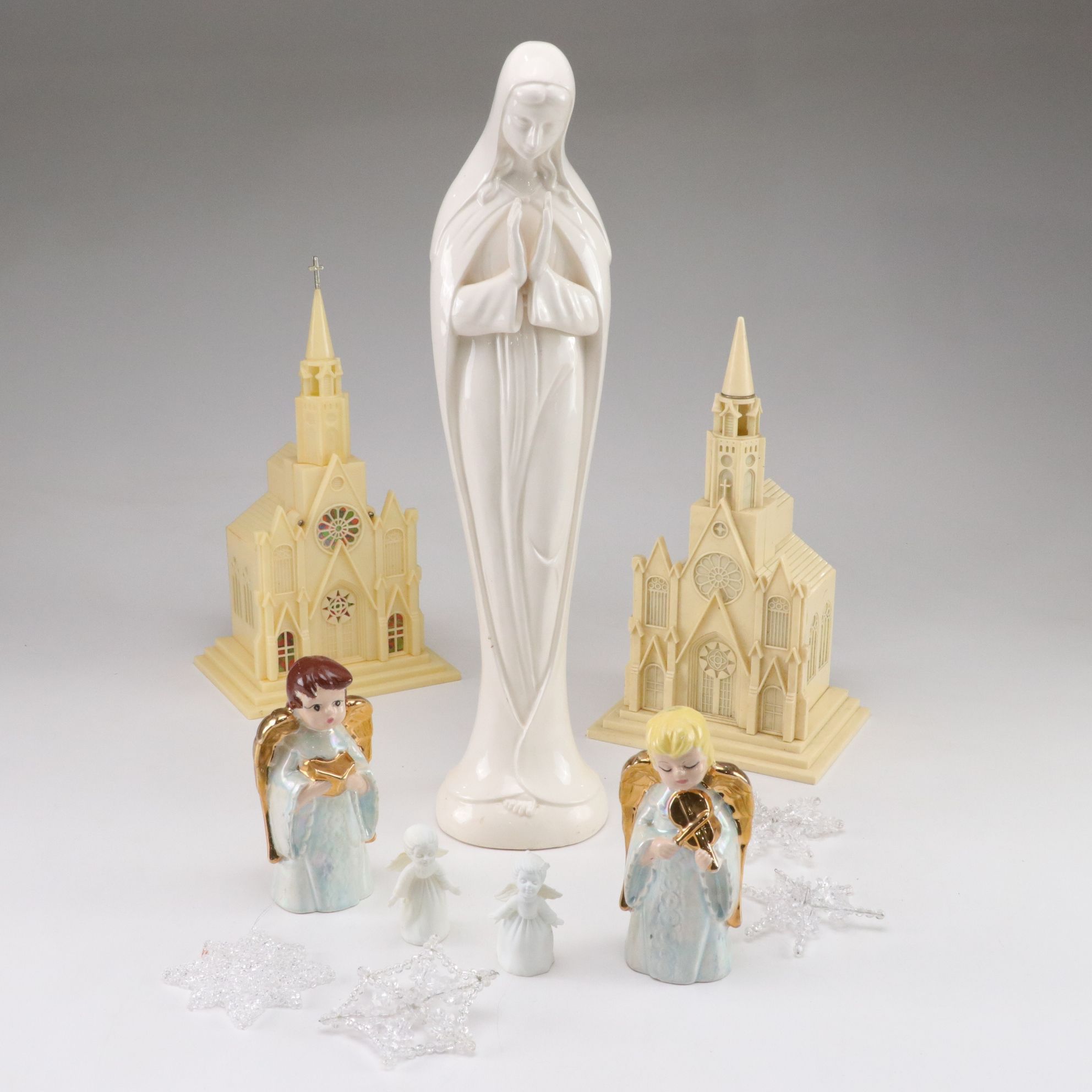 Ceramic Praying Madonna, Illuminated Church Figurines, and More Christmas Decor