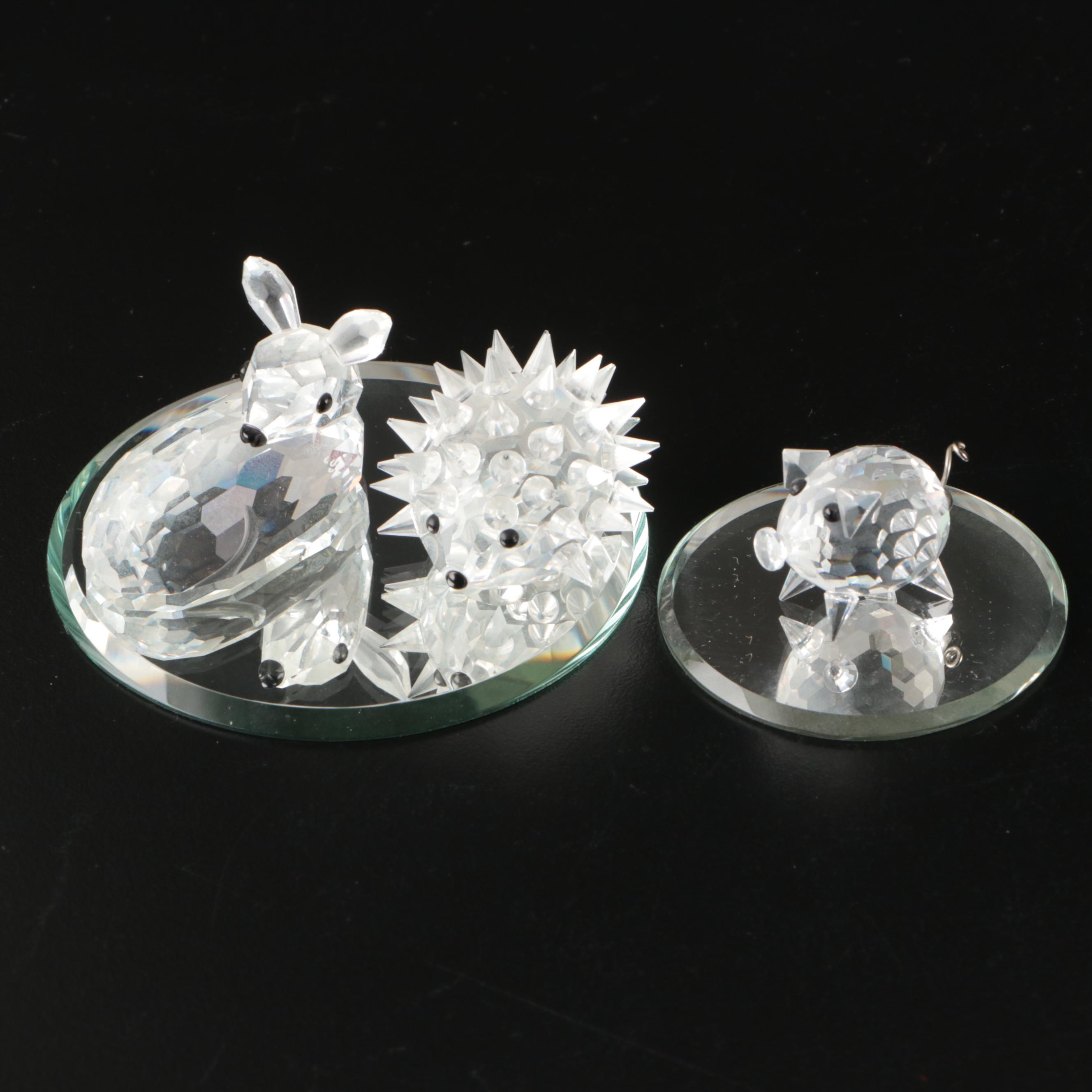 Swarovski Crystal Hedgehog, Deer, and Pig Figurines with Mirrored Stands