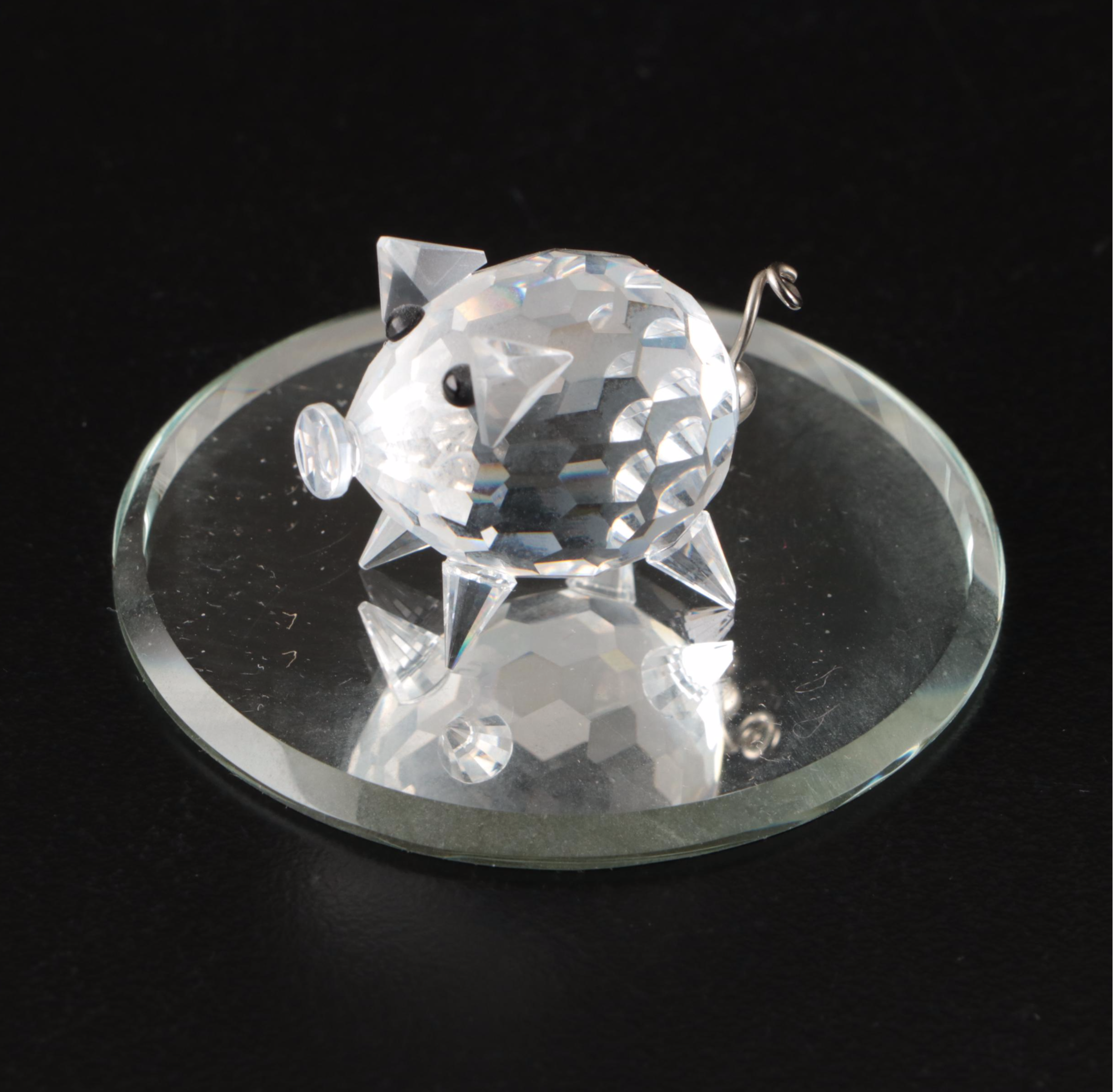 Swarovski Crystal Hedgehog, Deer, and Pig Figurines with Mirrored Stands