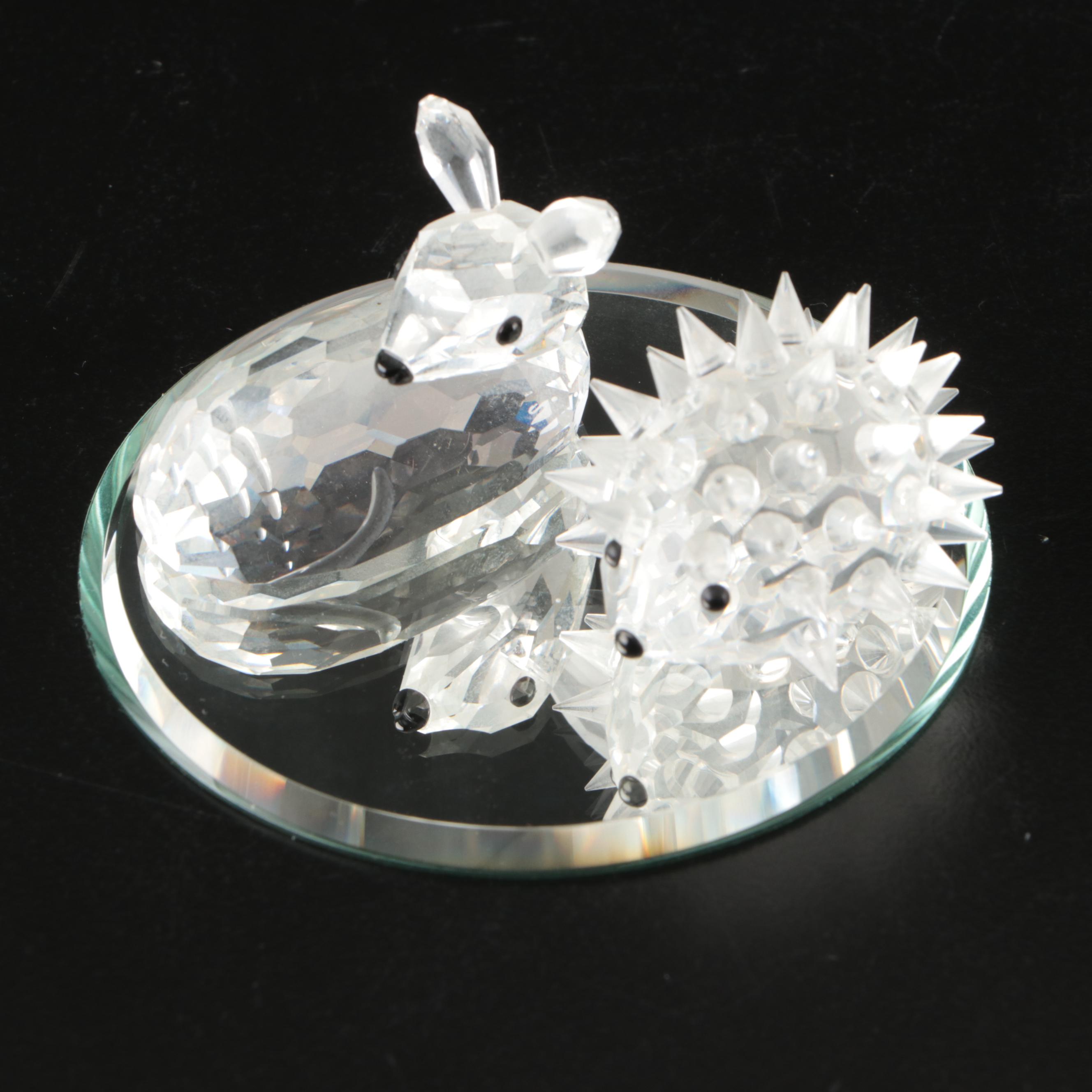Swarovski Crystal Hedgehog, Deer, and Pig Figurines with Mirrored Stands