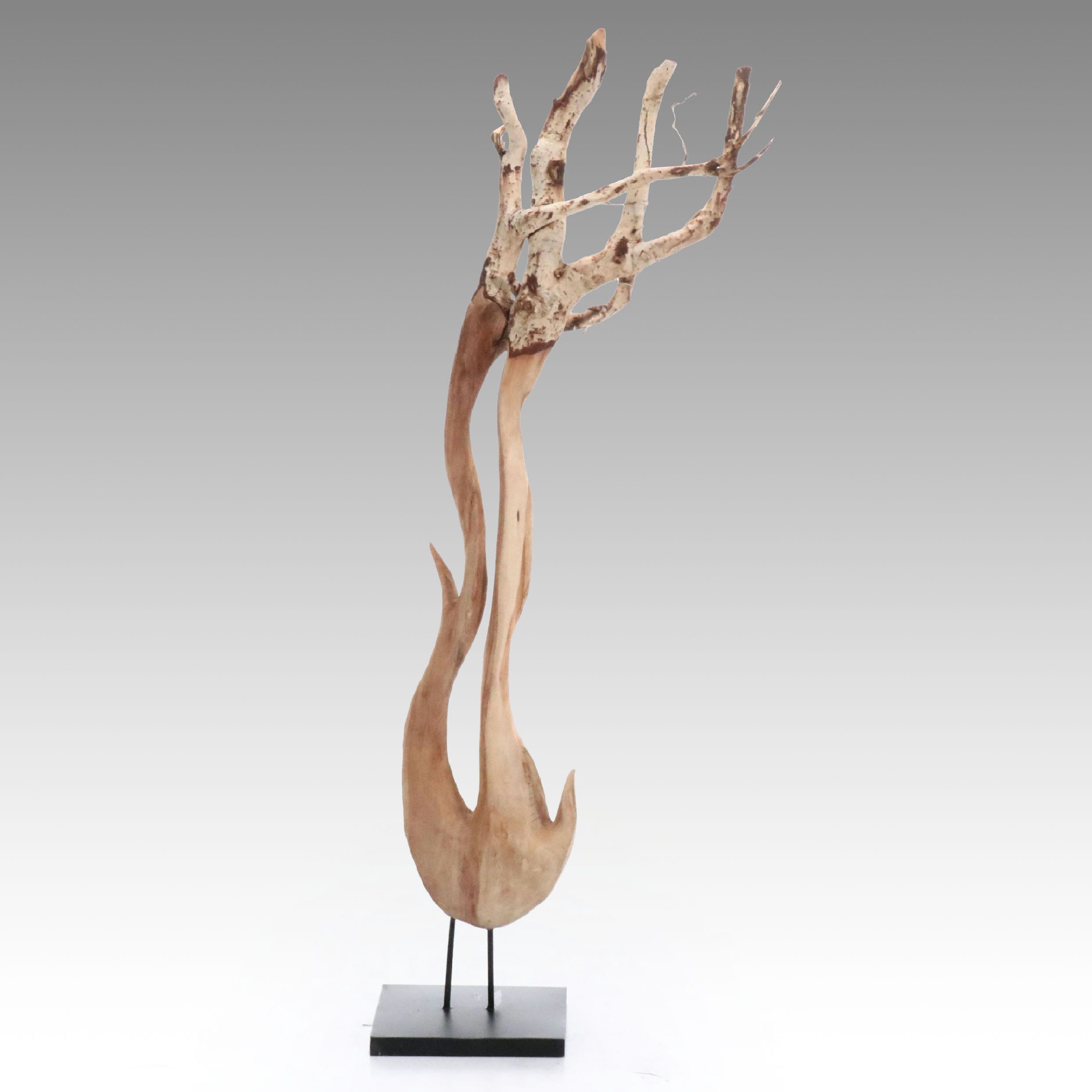 Abstract Partially Carved Wood Sculpture on Metal Base