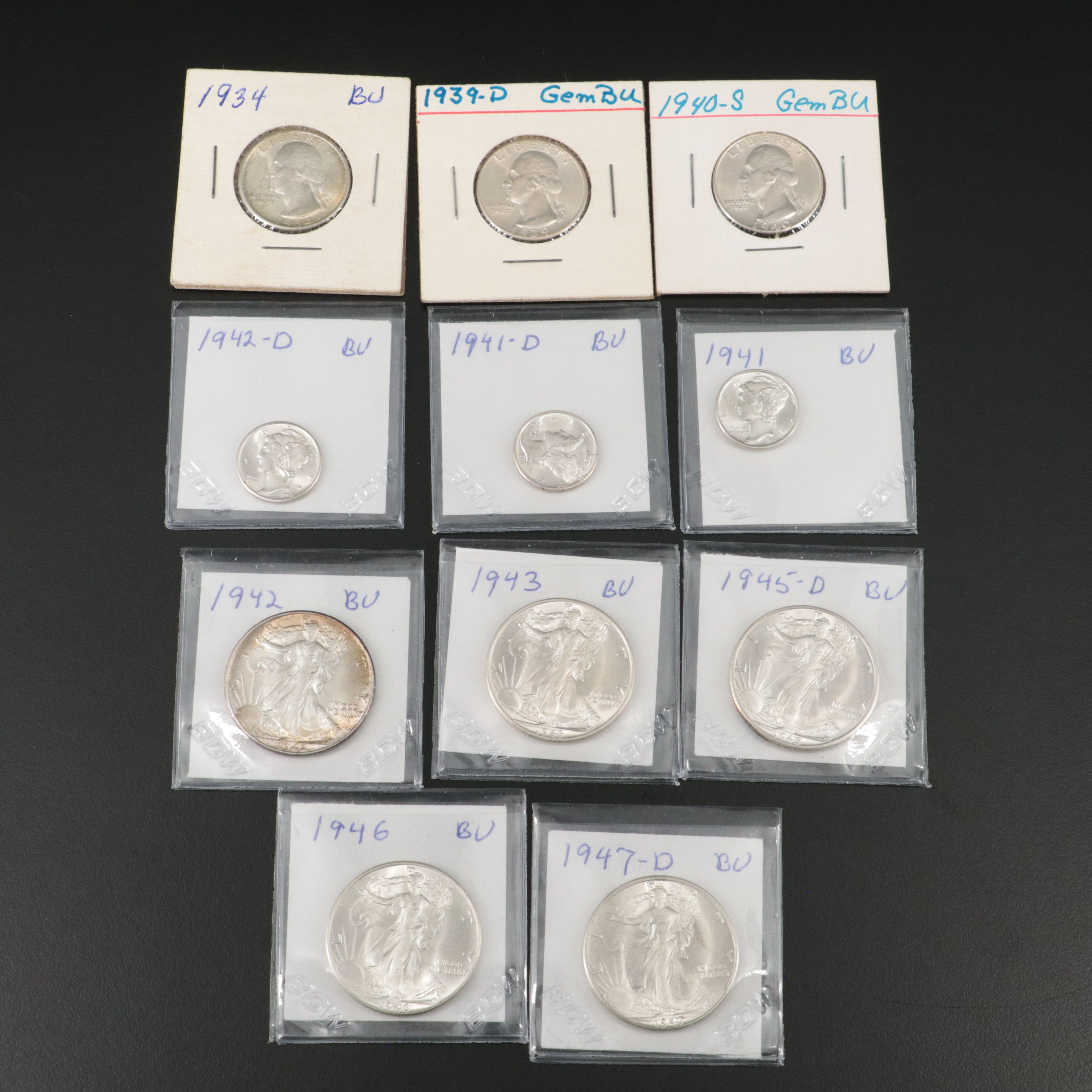 Mercury Dimes, Washington Quarters, and Walking Liberty Half Dollars