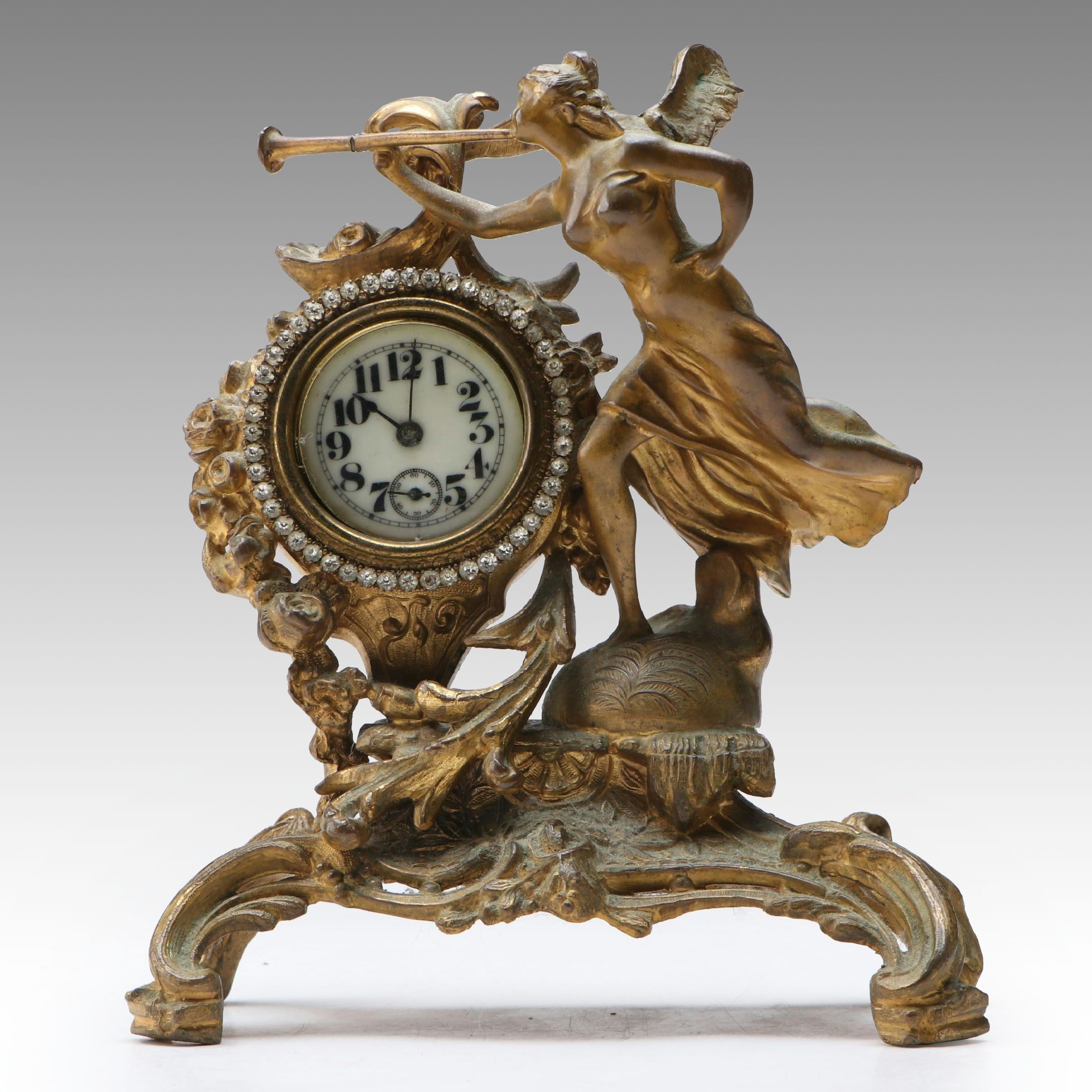 Victorian Gilt Metal Angel with Trumpet Mantel Clock, Late 19th Century