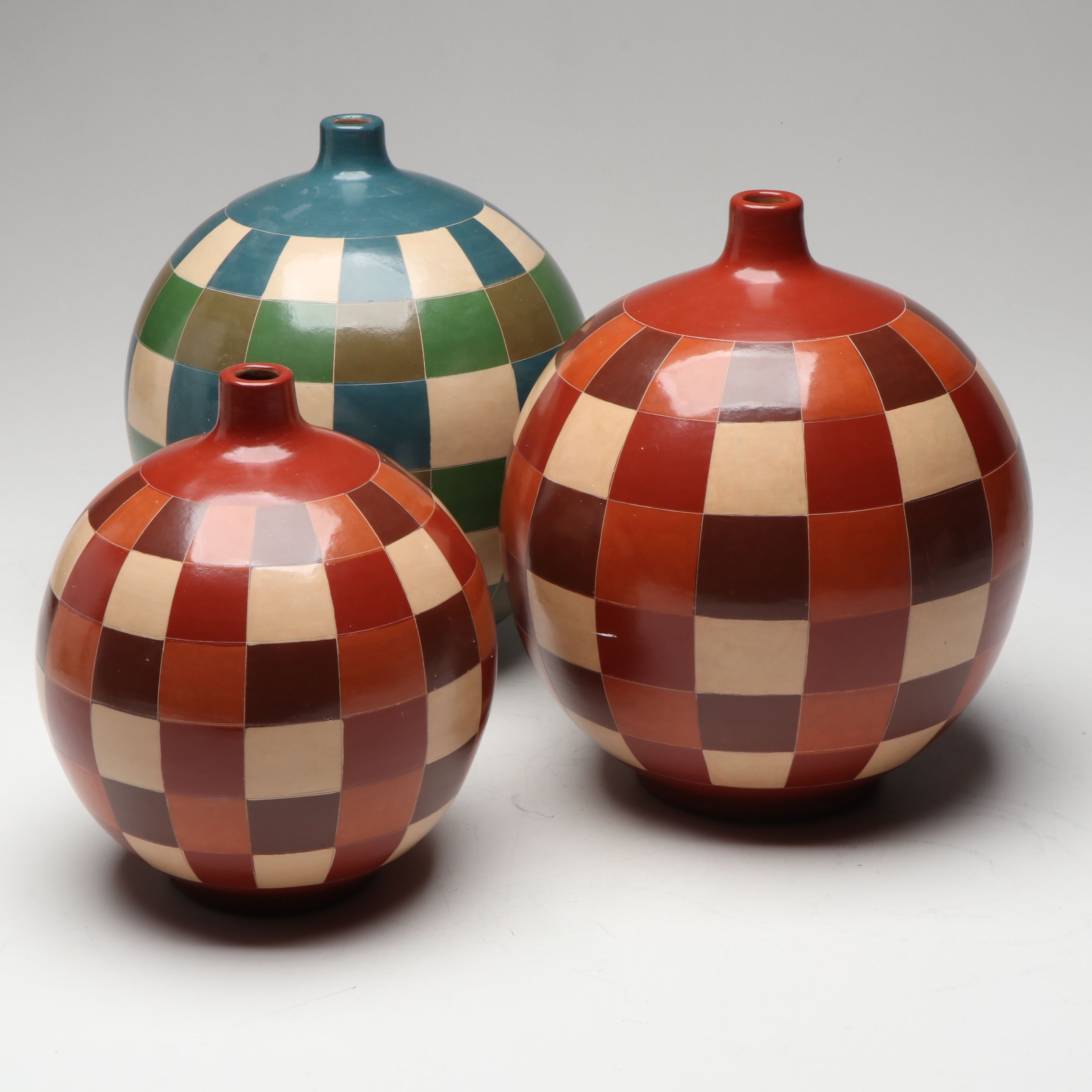 Patti Carpenter Style Ceramic Checkered Round Orb Vases