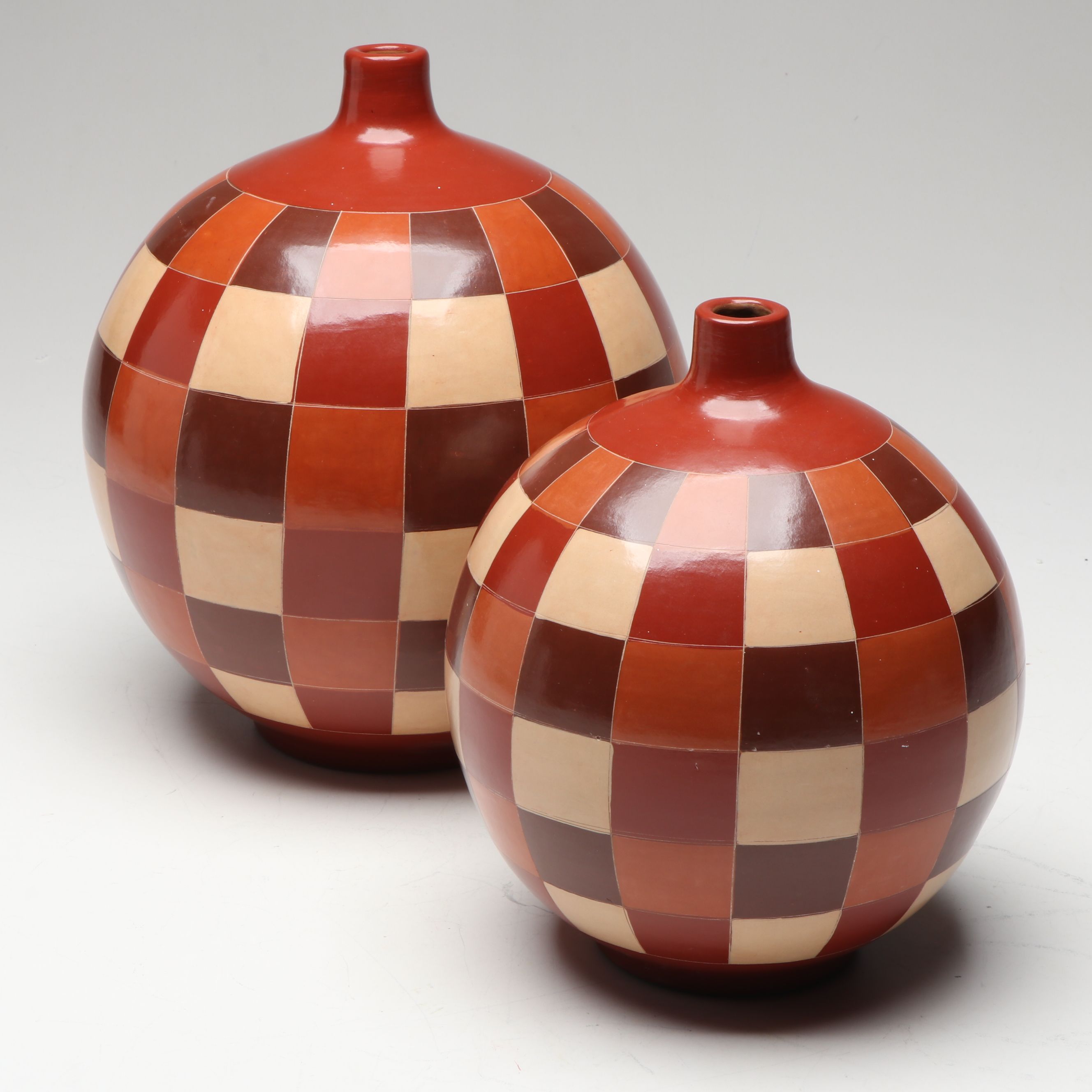 Patti Carpenter Style Ceramic Checkered Round Orb Vases