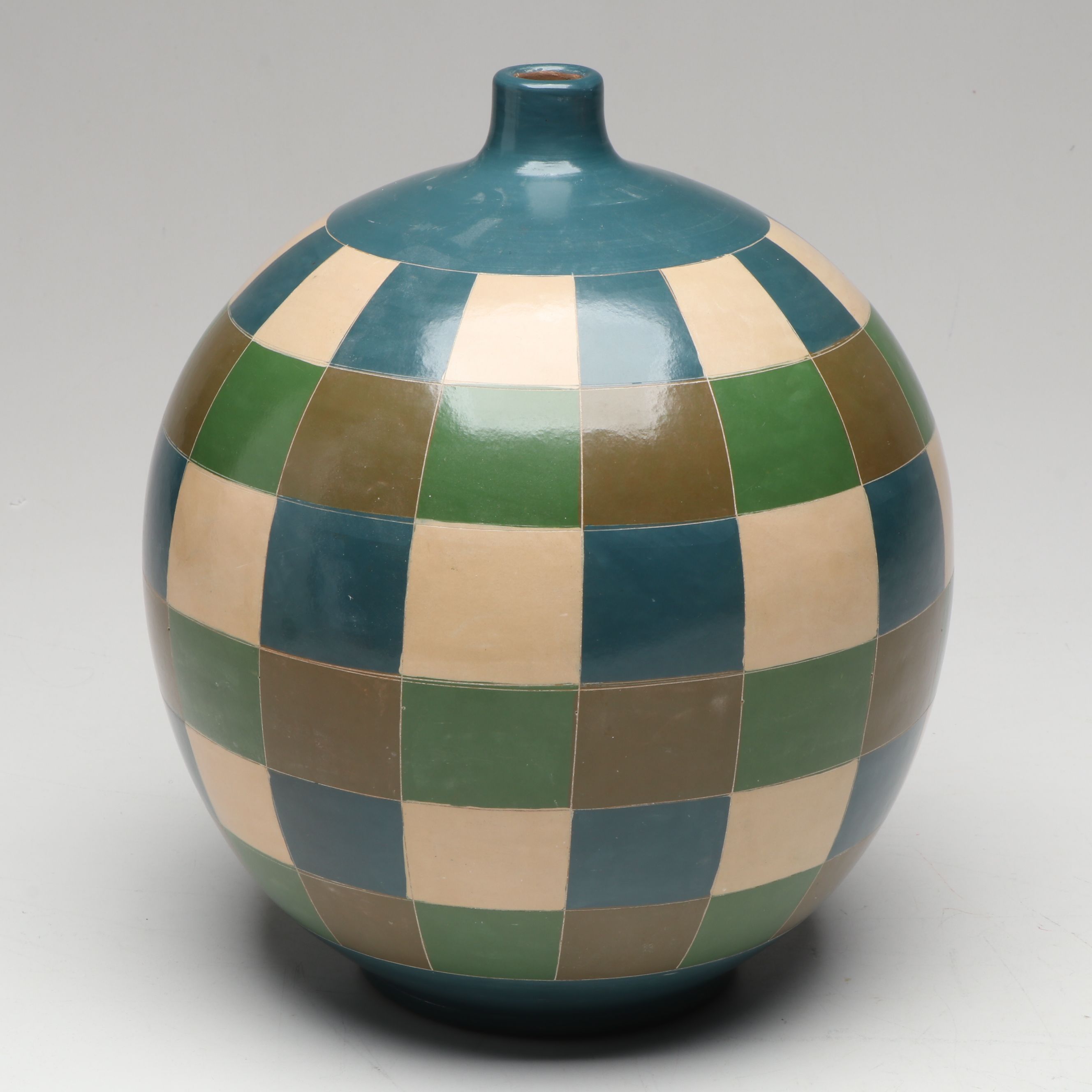 Patti Carpenter Style Ceramic Checkered Round Orb Vases