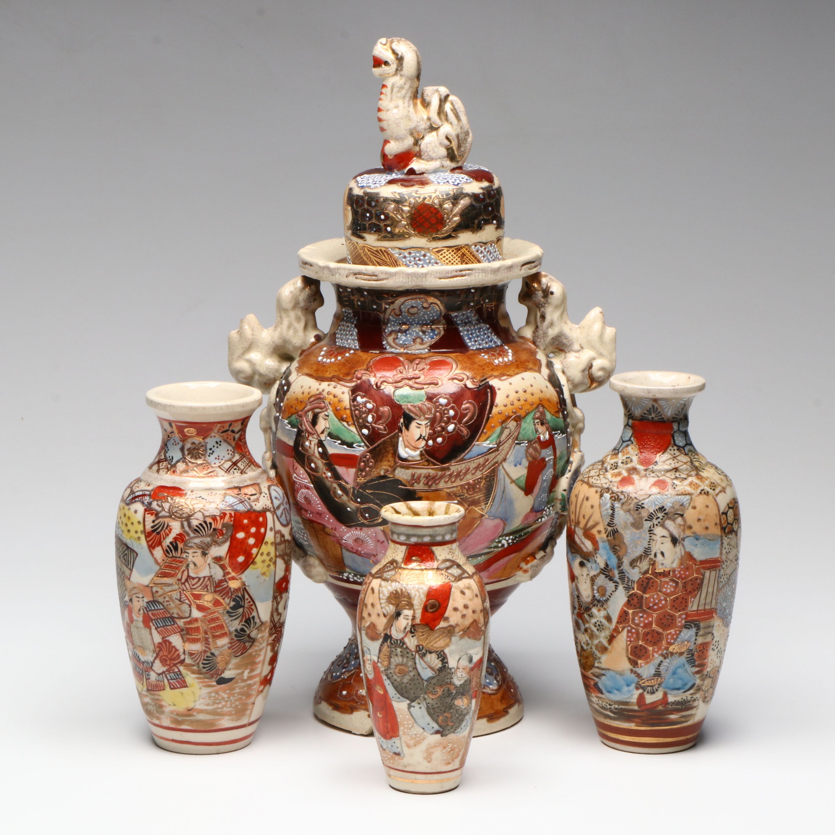 Meiji Period Satsuma Moriage Ceramic Lidded Urn and Vases