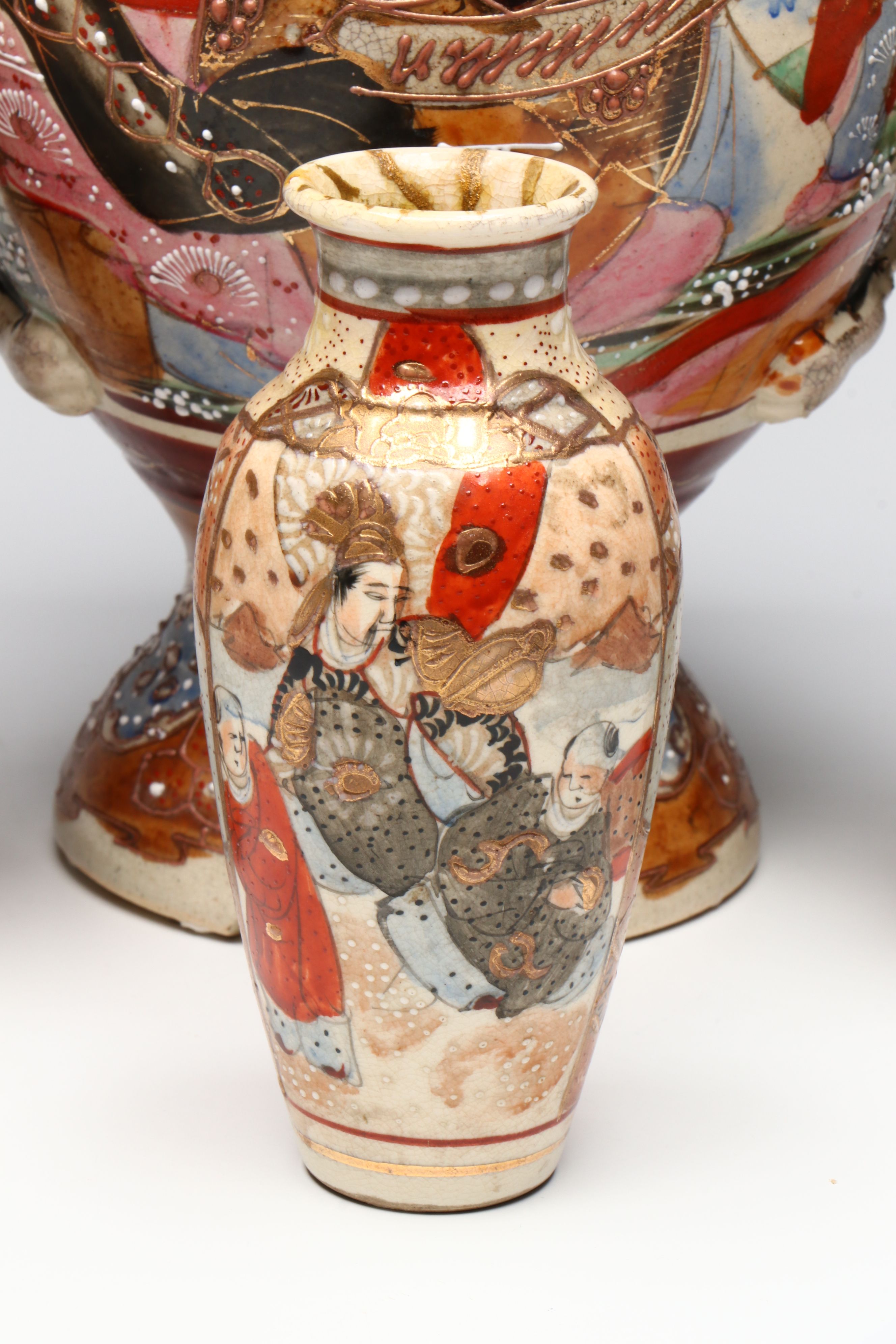 Meiji Period Satsuma Moriage Ceramic Lidded Urn and Vases