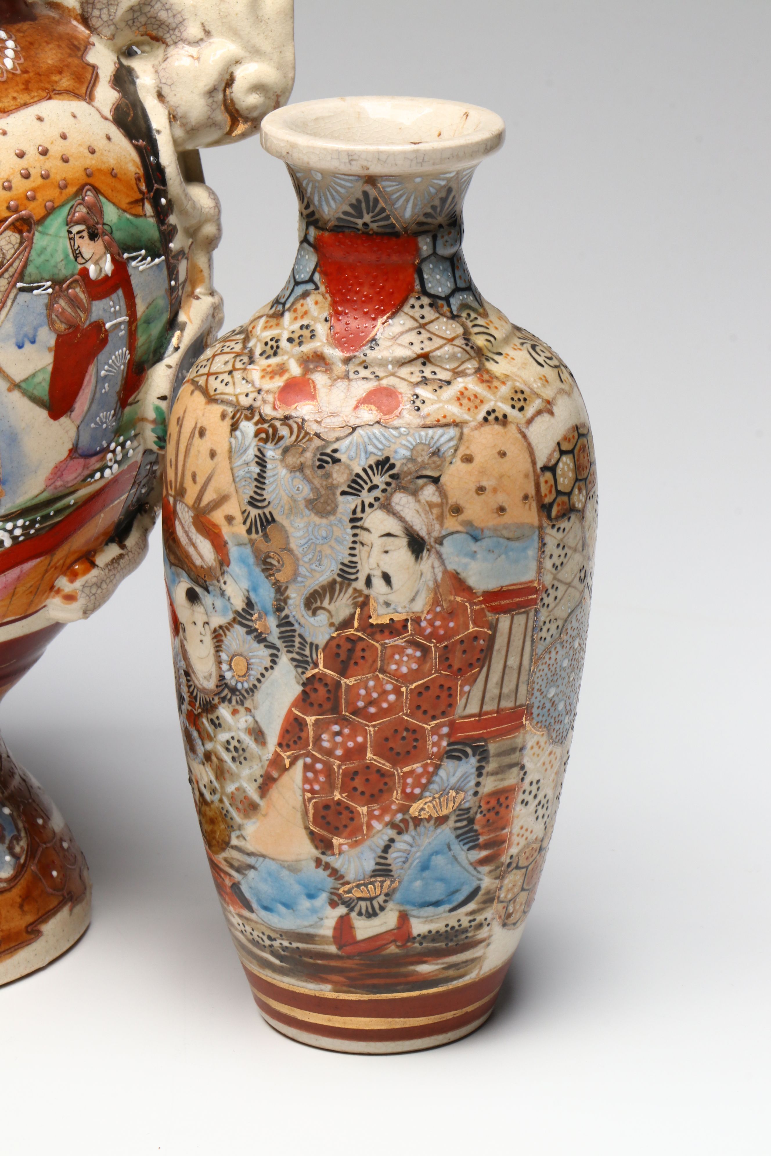 Meiji Period Satsuma Moriage Ceramic Lidded Urn and Vases