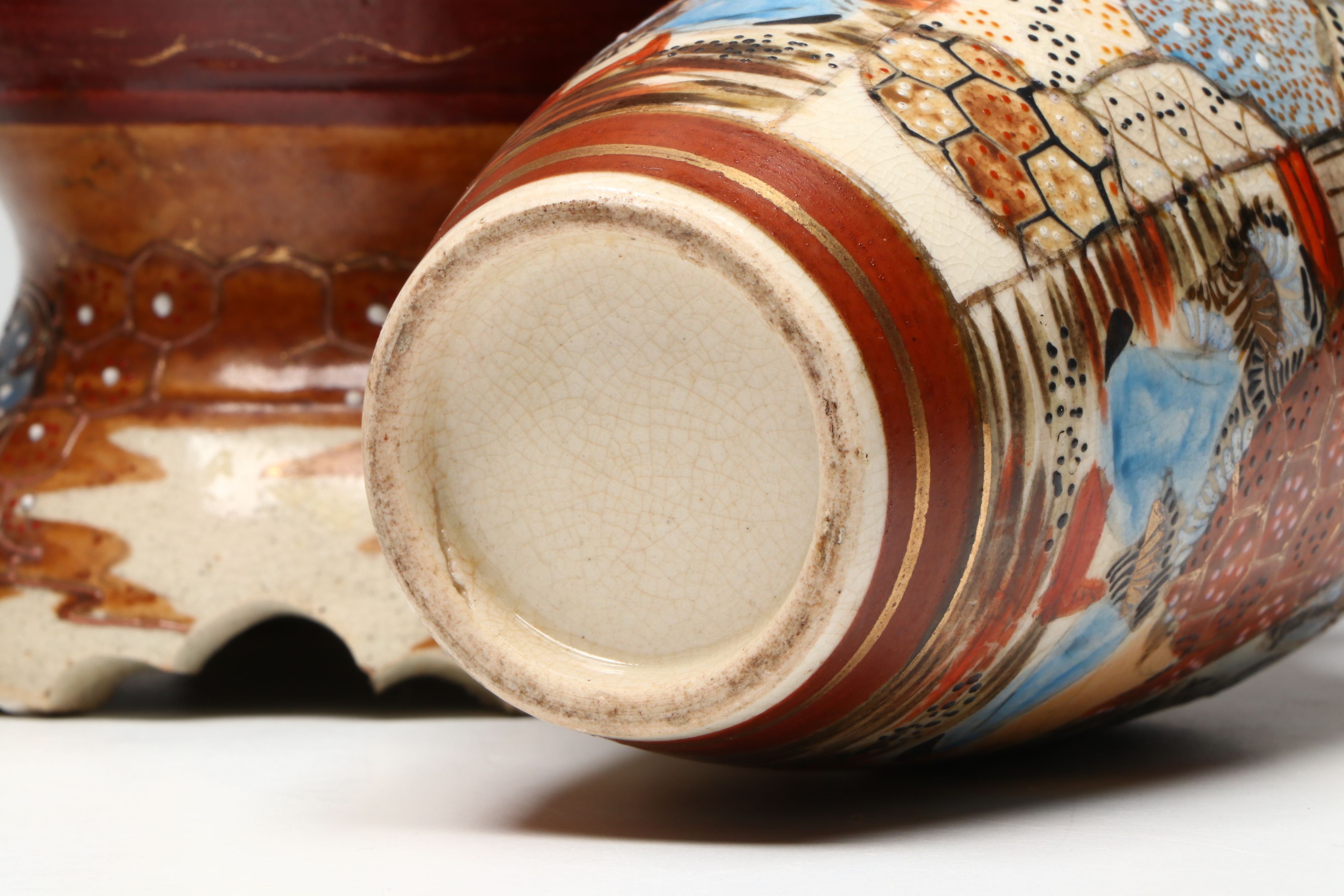 Meiji Period Satsuma Moriage Ceramic Lidded Urn and Vases