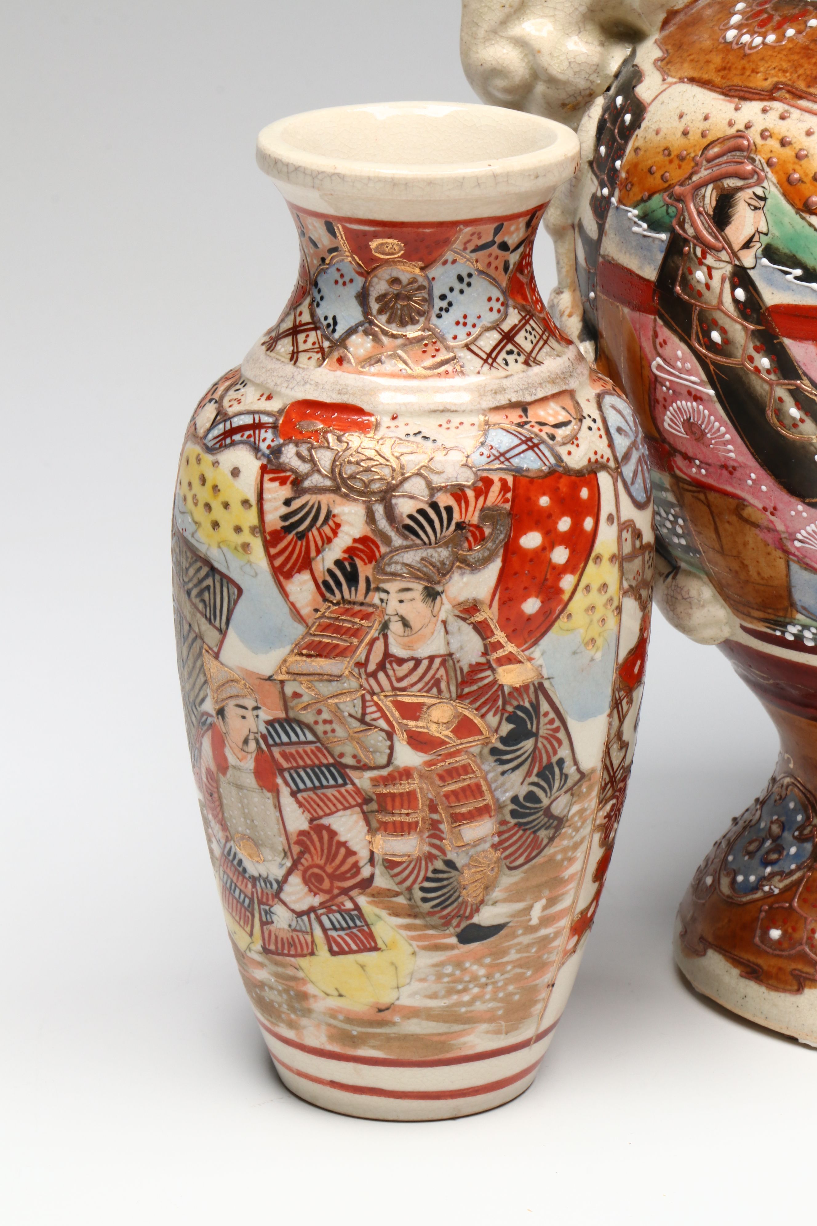 Meiji Period Satsuma Moriage Ceramic Lidded Urn and Vases