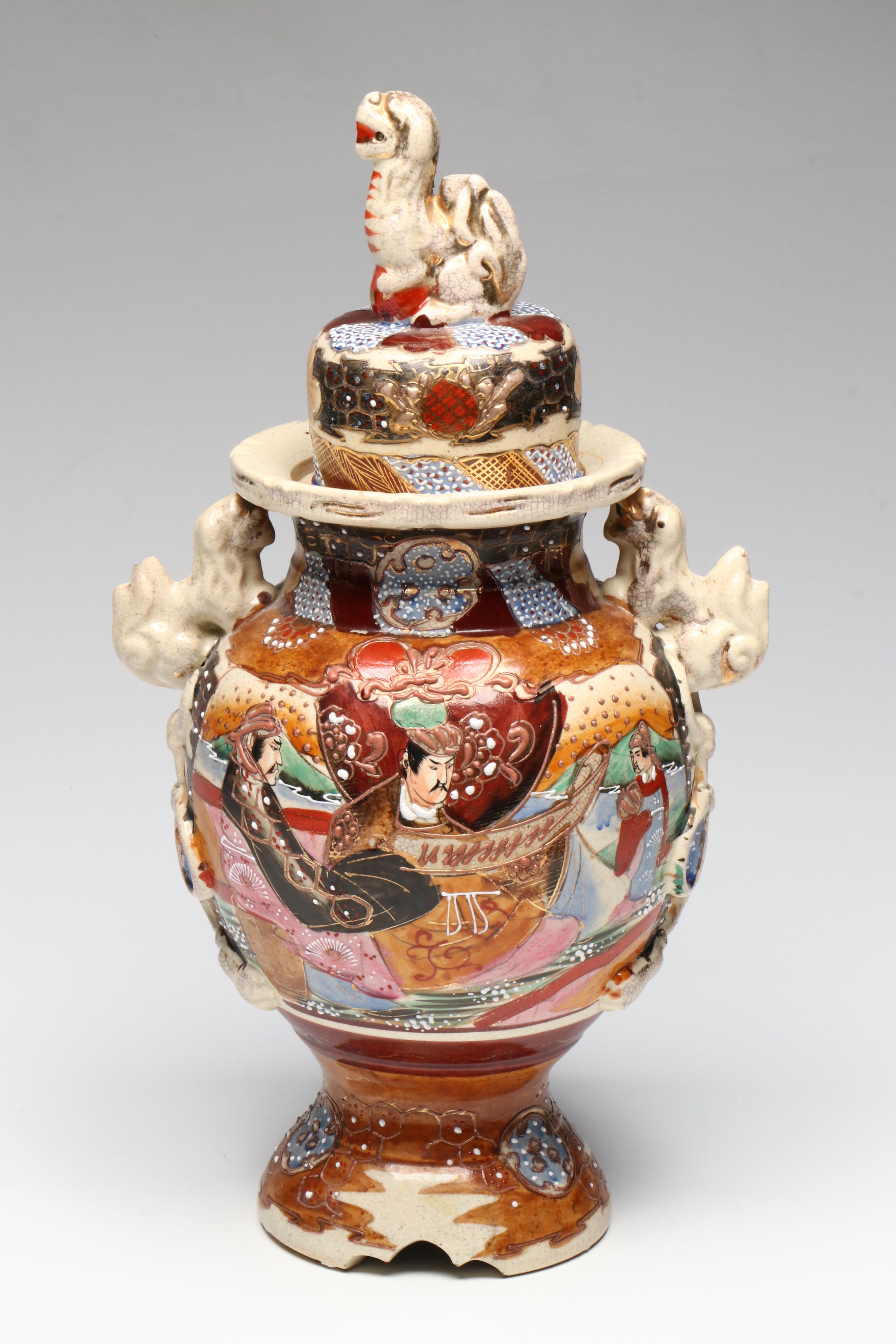 Meiji Period Satsuma Moriage Ceramic Lidded Urn and Vases