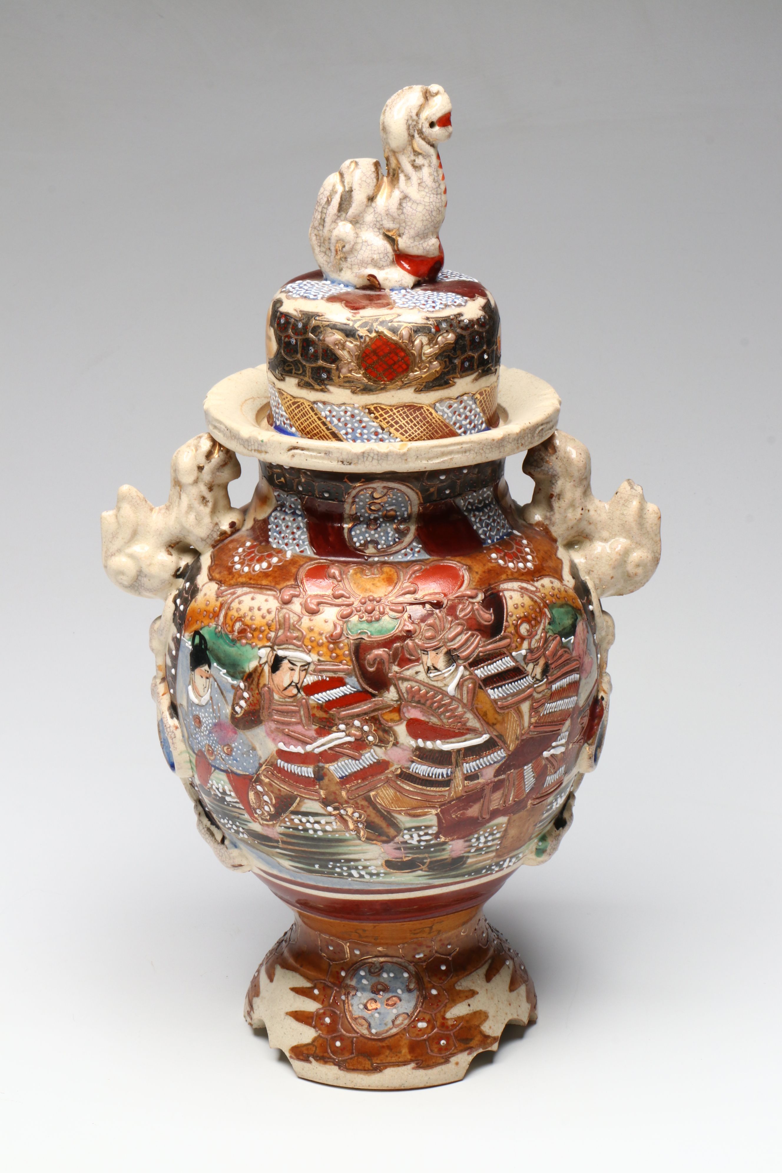 Meiji Period Satsuma Moriage Ceramic Lidded Urn and Vases