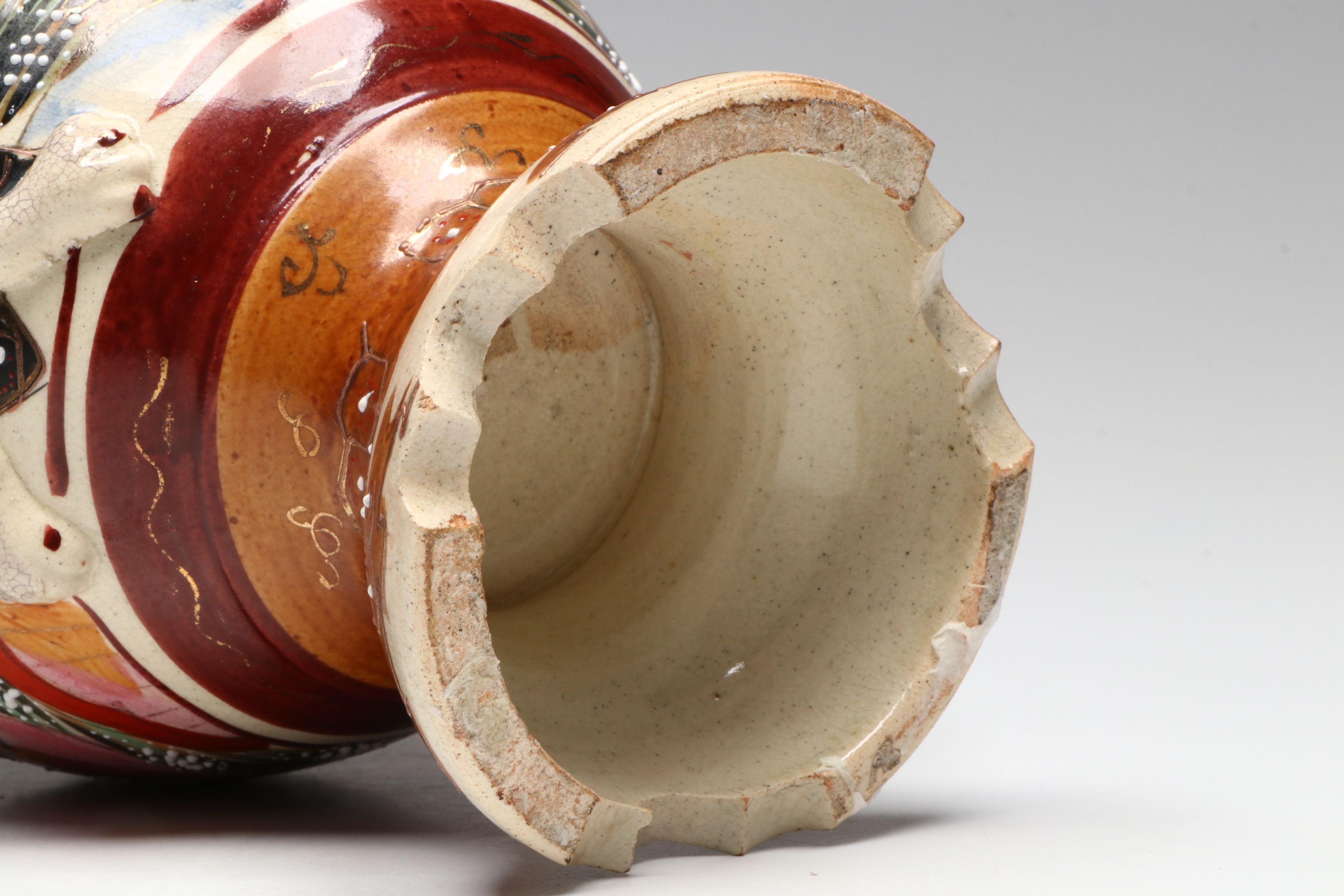 Meiji Period Satsuma Moriage Ceramic Lidded Urn and Vases