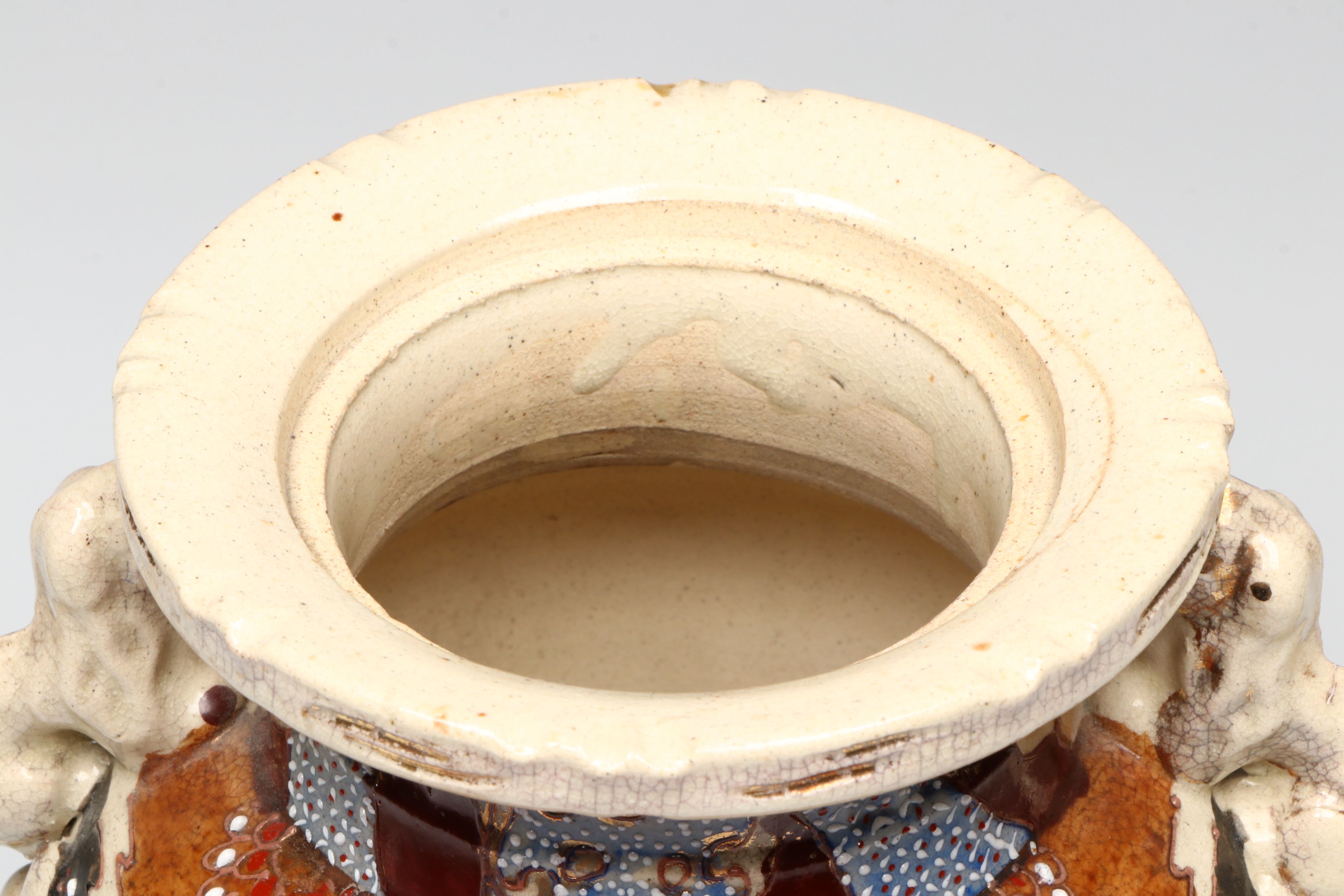 Meiji Period Satsuma Moriage Ceramic Lidded Urn and Vases