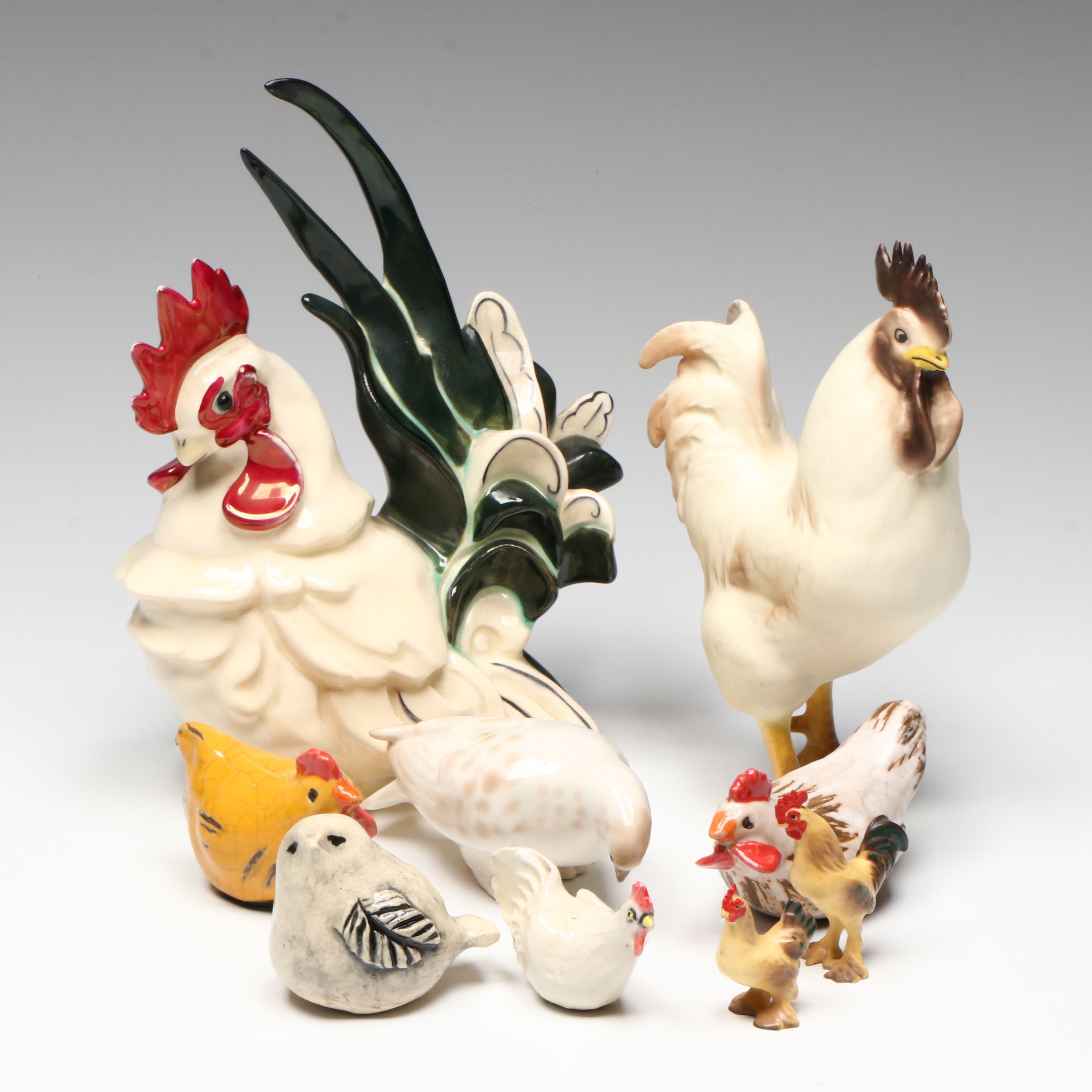 Ceramic Owl, Dove, Chicken and Rooster Figurines
