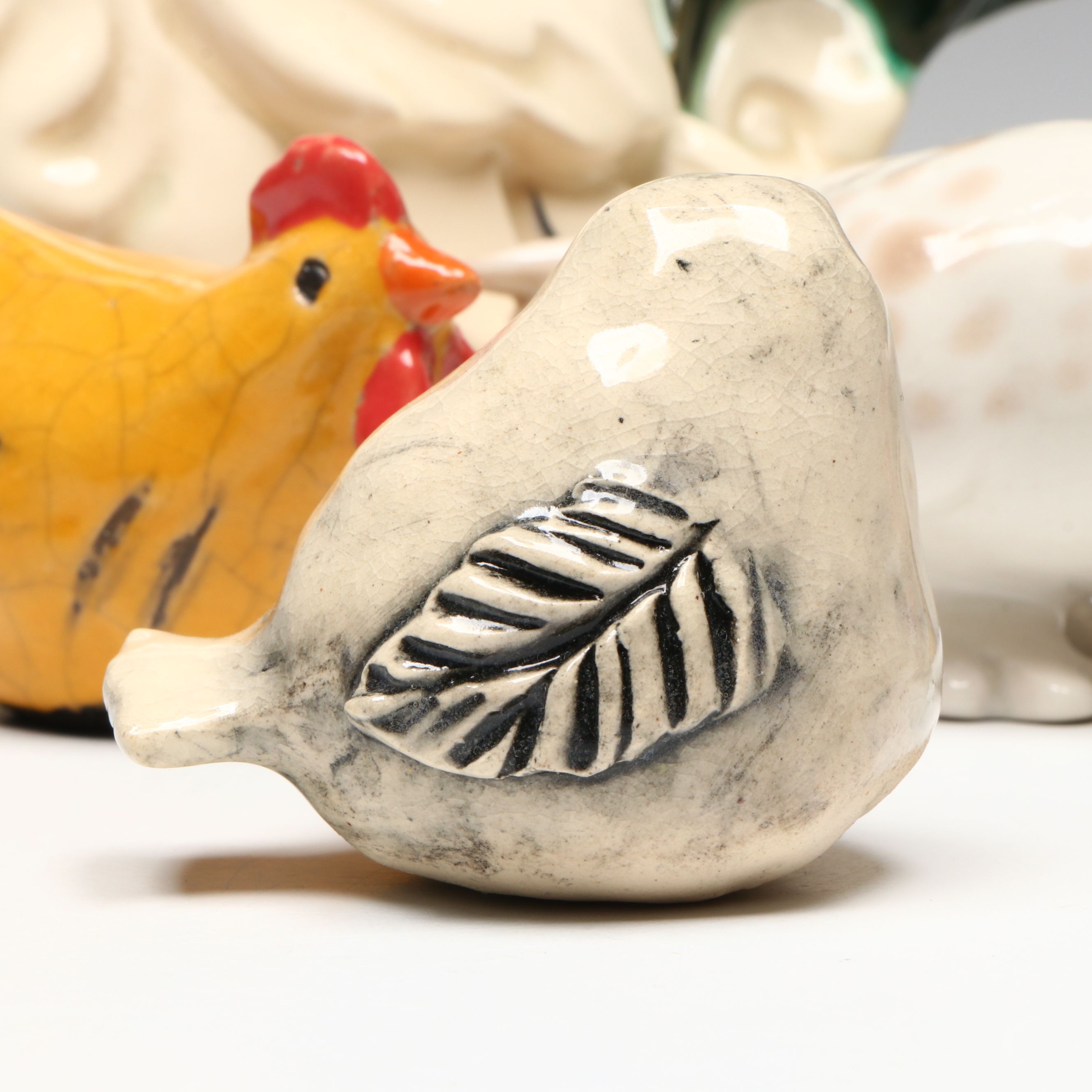 Ceramic Owl, Dove, Chicken and Rooster Figurines