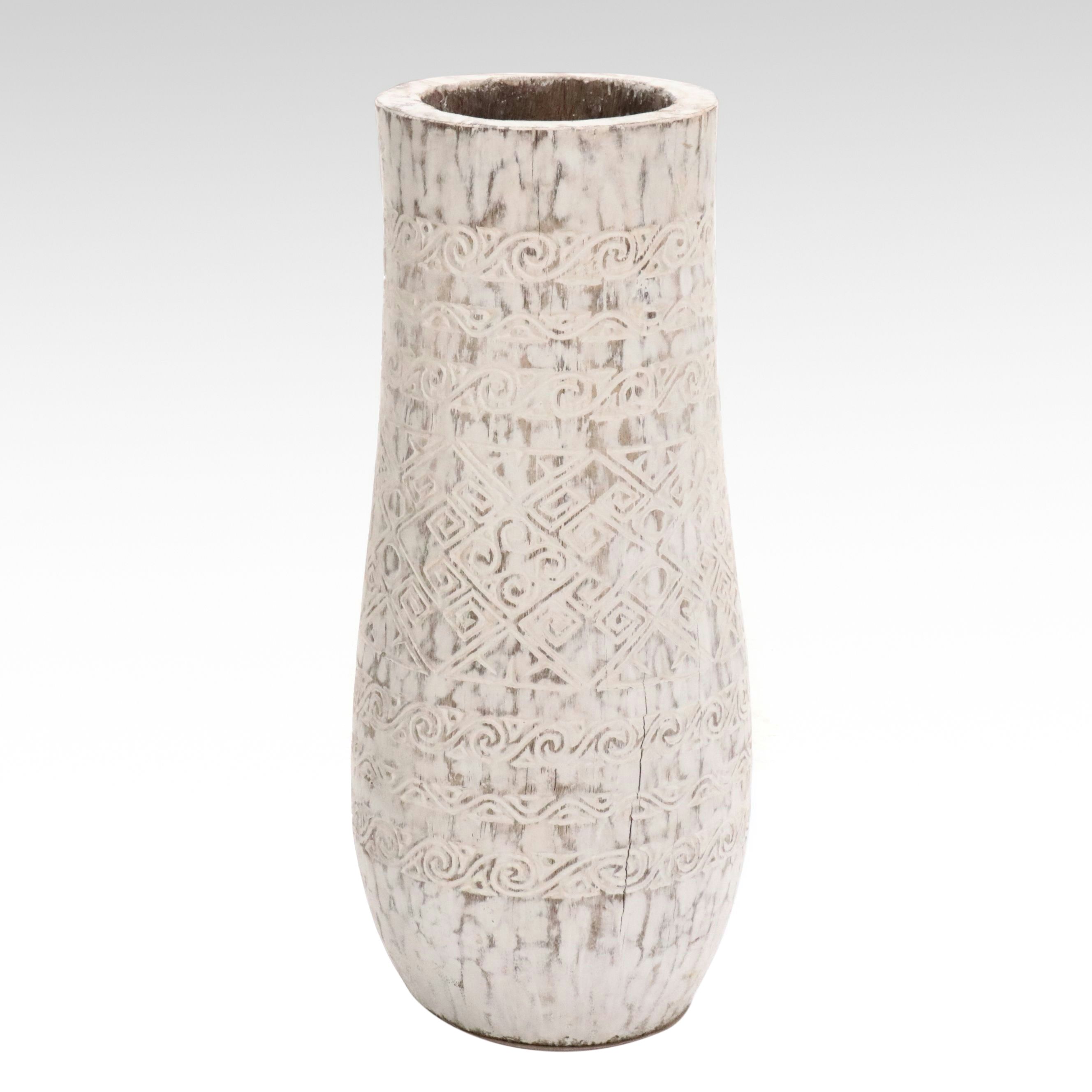 Balinese Style Carved Palm Wood Floor Vase