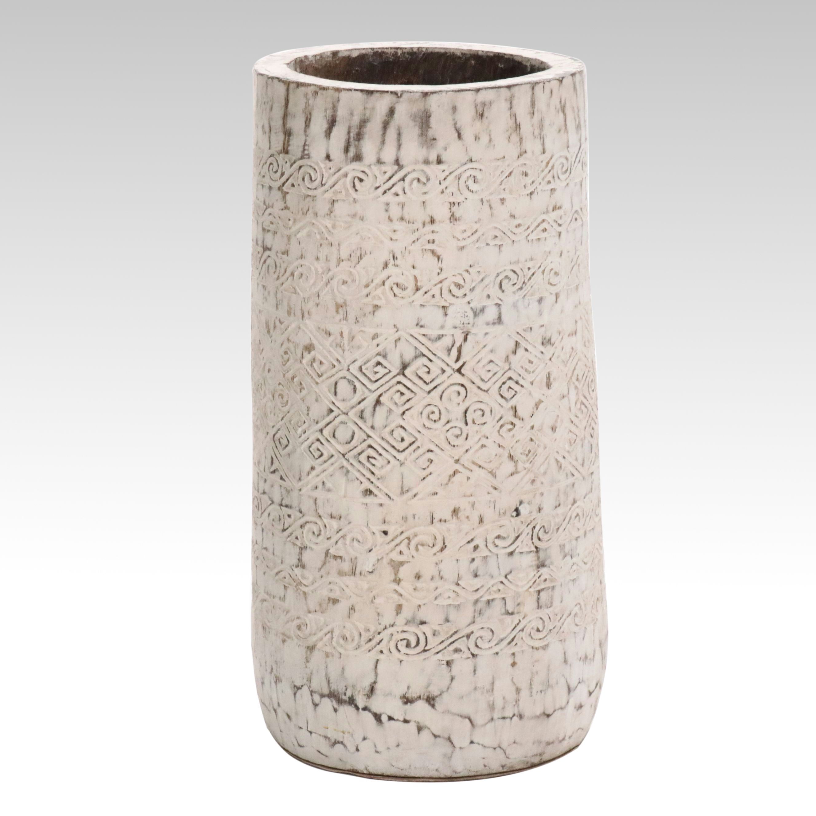 Balinese Style Carved Palm Wood Floor Vase