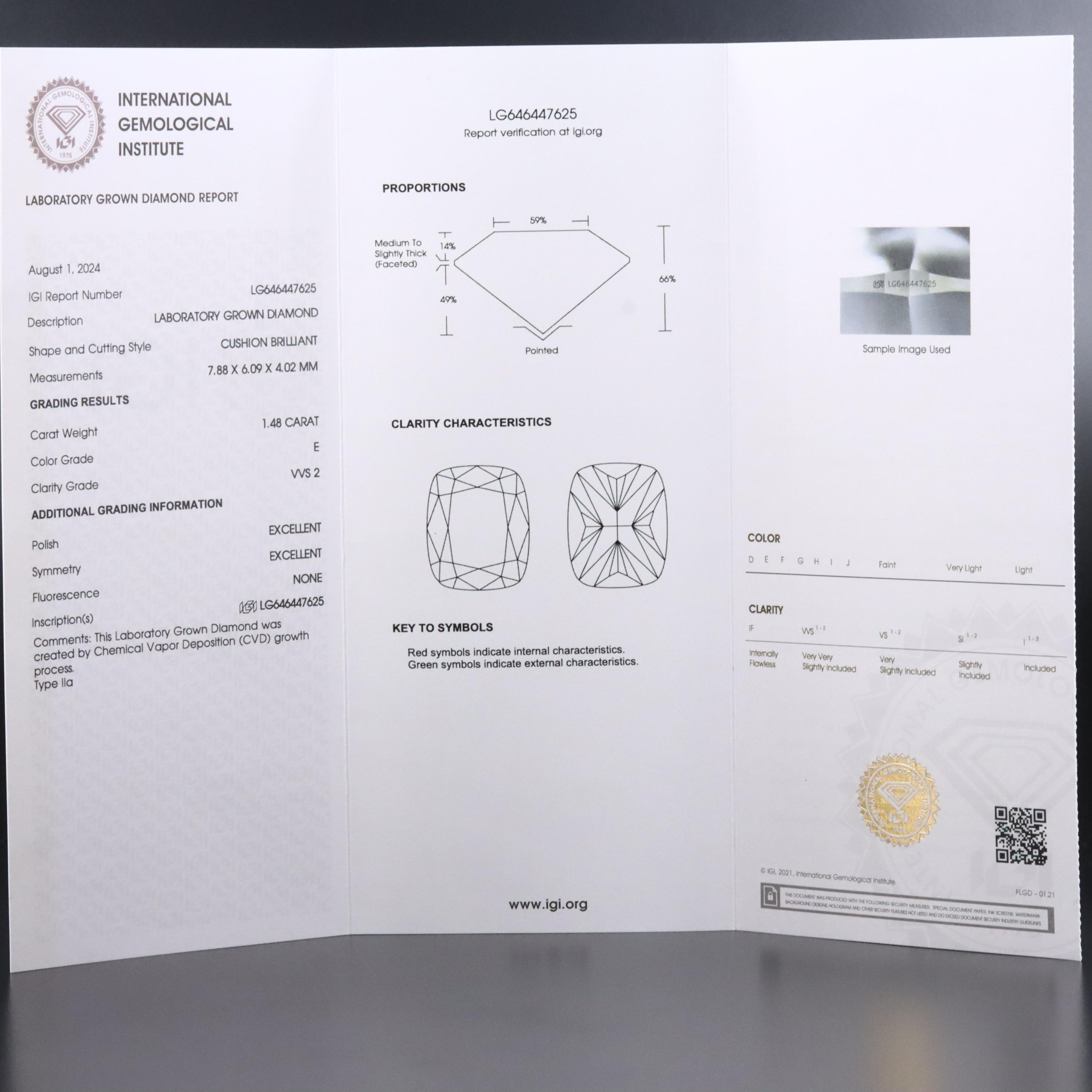 Loose 1.48 CT Lab Grown Diamond with IGI Report