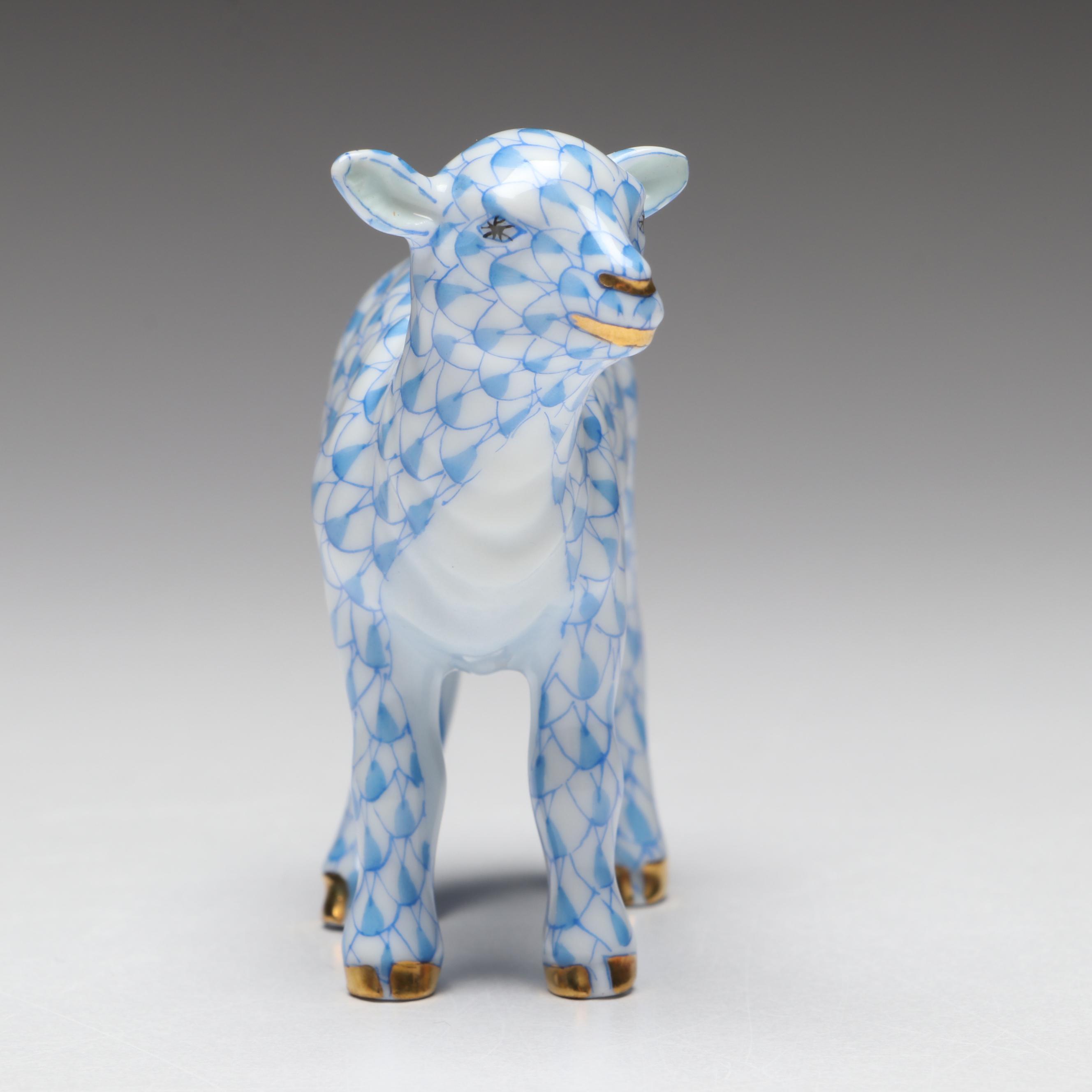 Herend Blue Fishnet with Gold "Baby Lamb" Porcelain Figurine