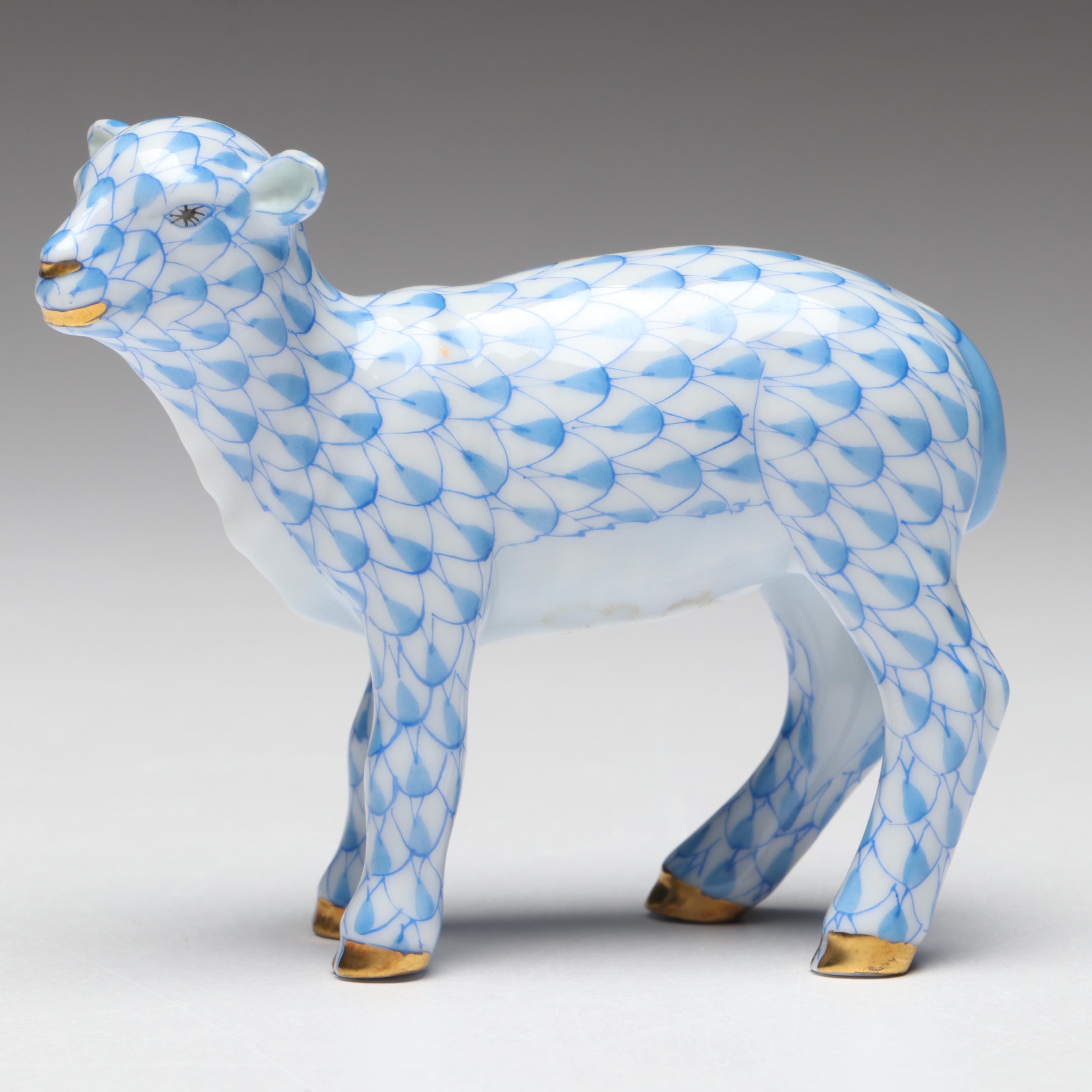 Herend Blue Fishnet with Gold "Baby Lamb" Porcelain Figurine