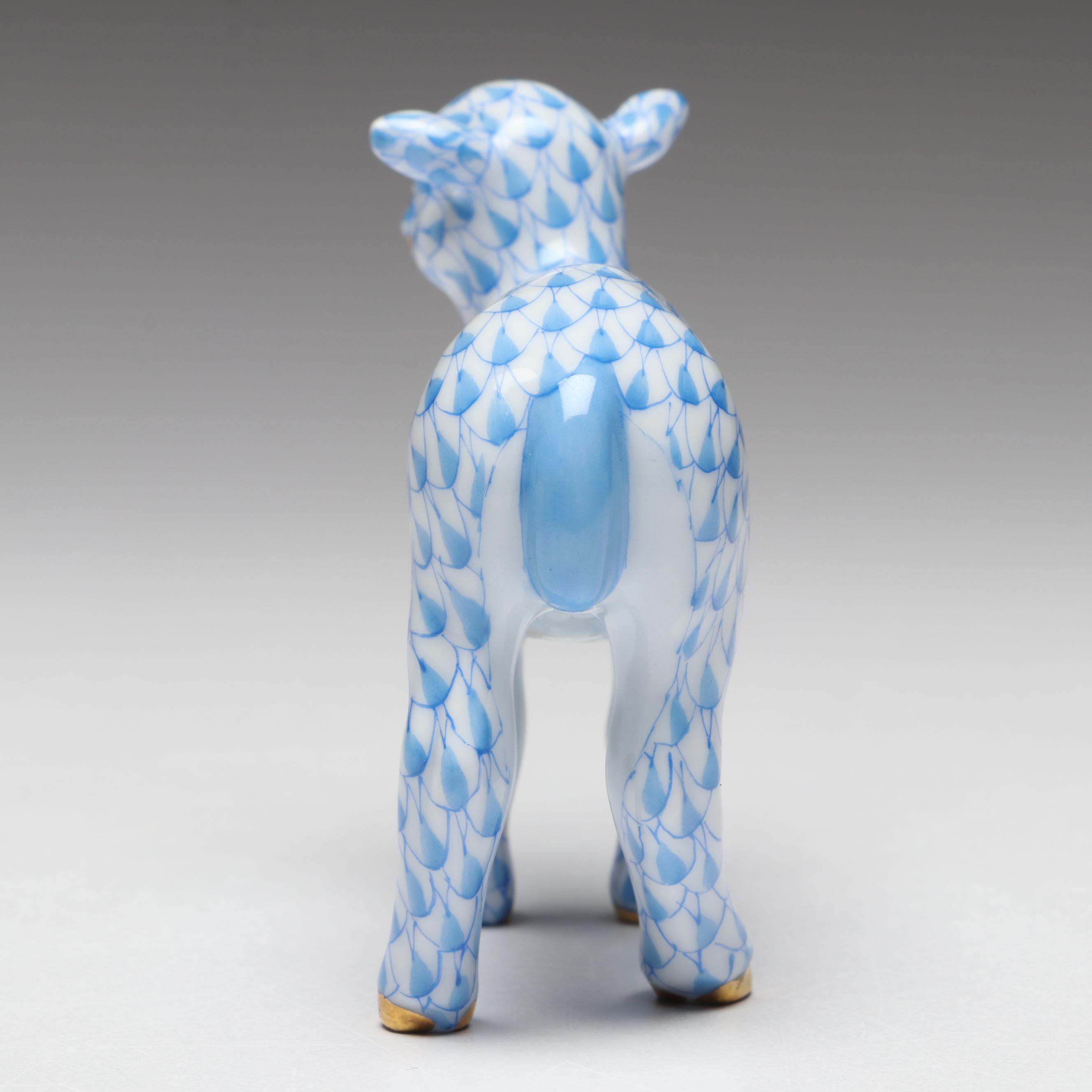 Herend Blue Fishnet with Gold "Baby Lamb" Porcelain Figurine