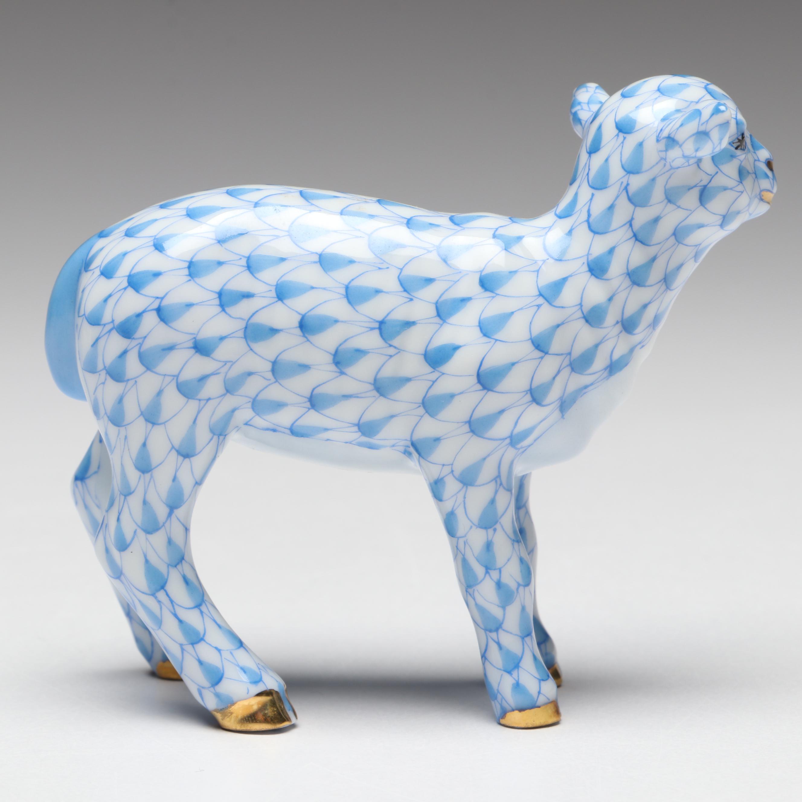 Herend Blue Fishnet with Gold "Baby Lamb" Porcelain Figurine