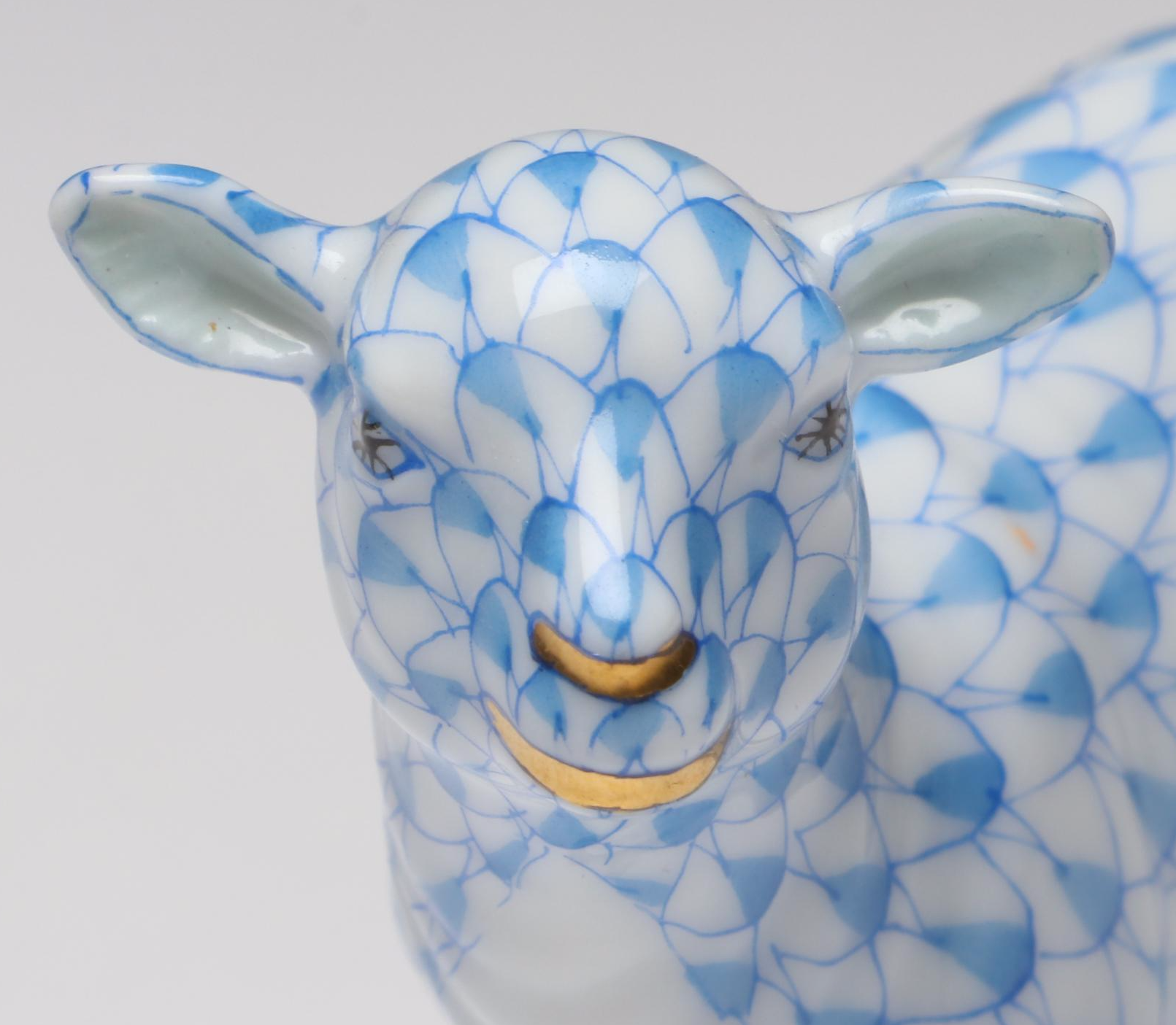 Herend Blue Fishnet with Gold "Baby Lamb" Porcelain Figurine