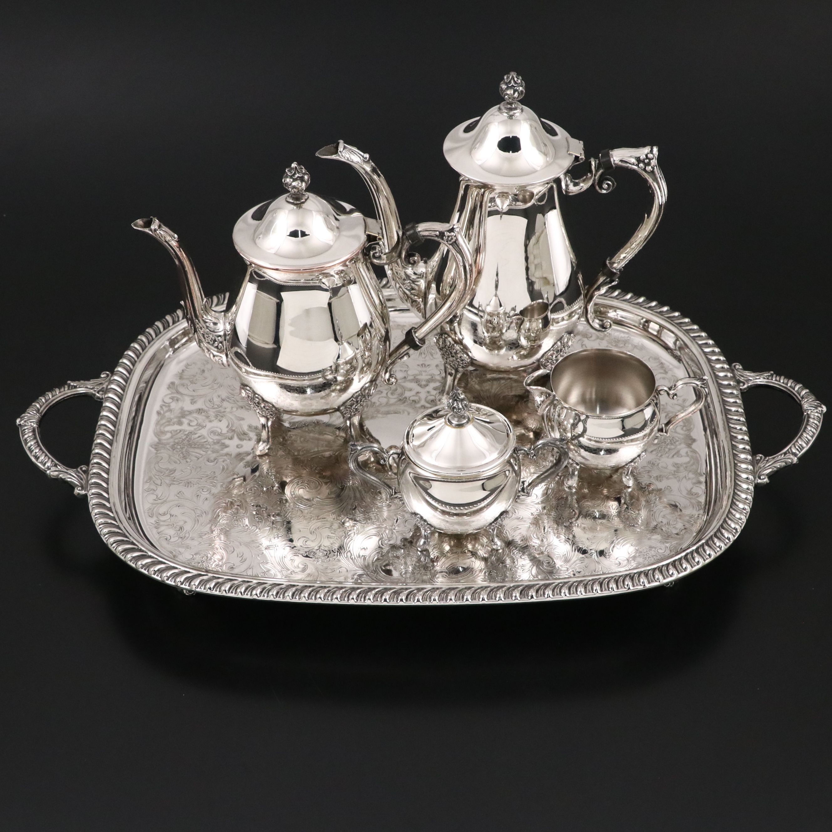 Leonard Silver Plate "LEO9" 4-Piece Tea Service and "LEO15" Footed Tray