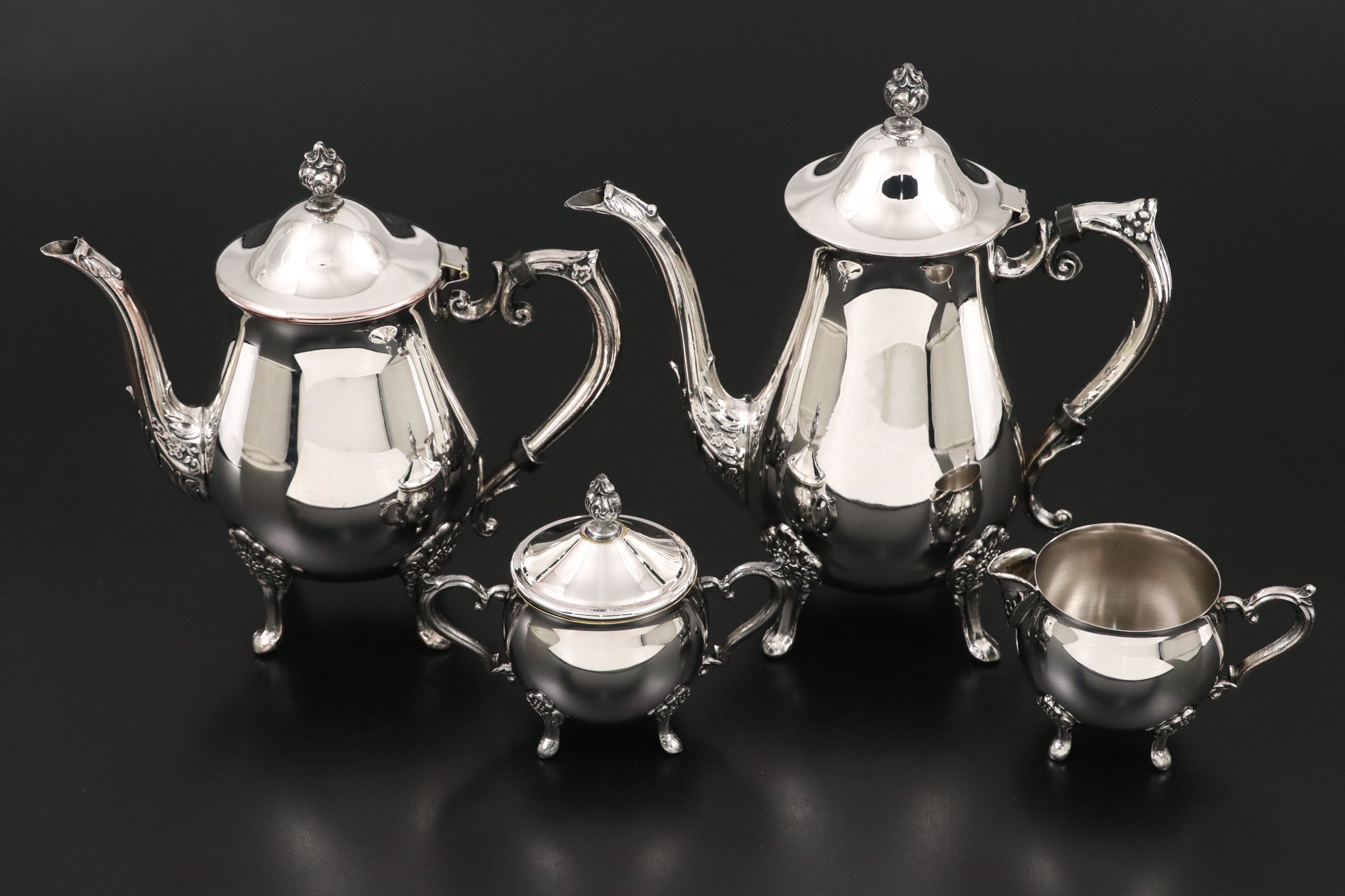 Leonard Silver Plate "LEO9" 4-Piece Tea Service and "LEO15" Footed Tray