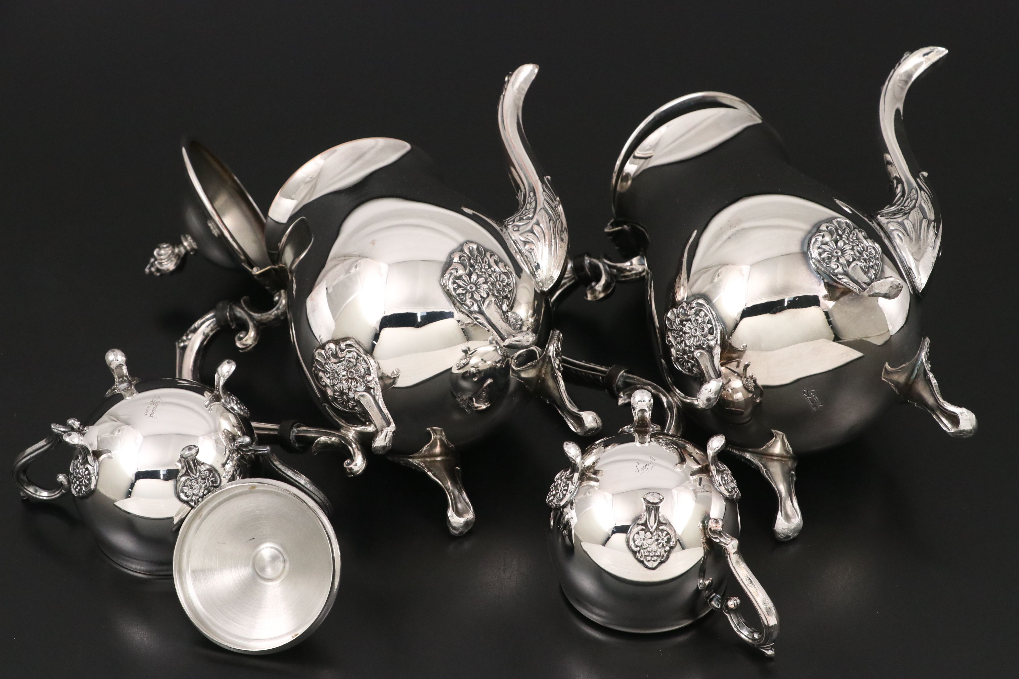 Leonard Silver Plate "LEO9" 4-Piece Tea Service and "LEO15" Footed Tray