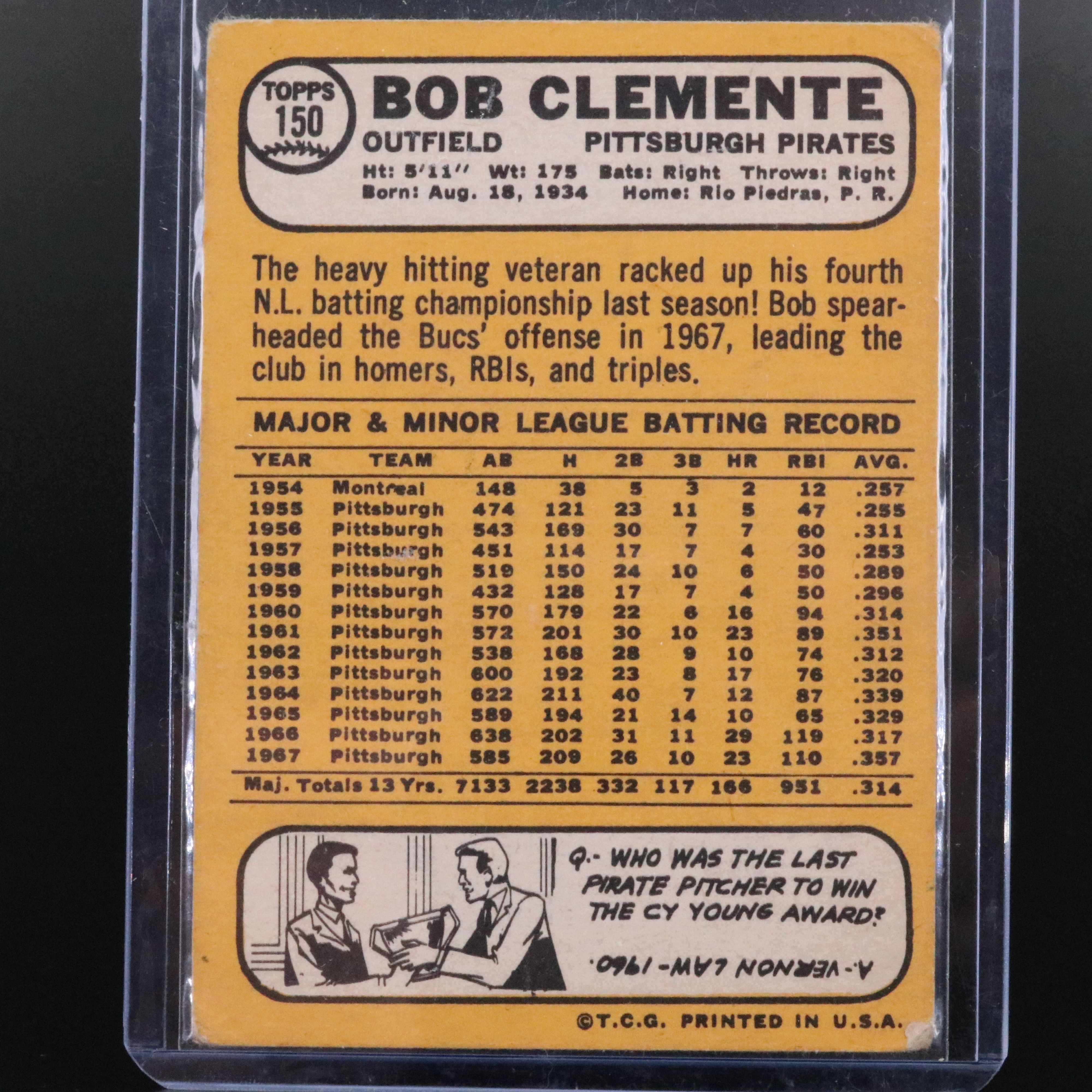 1968 Topps Roberto Clemente Pittsburgh Pirates Baseball Card