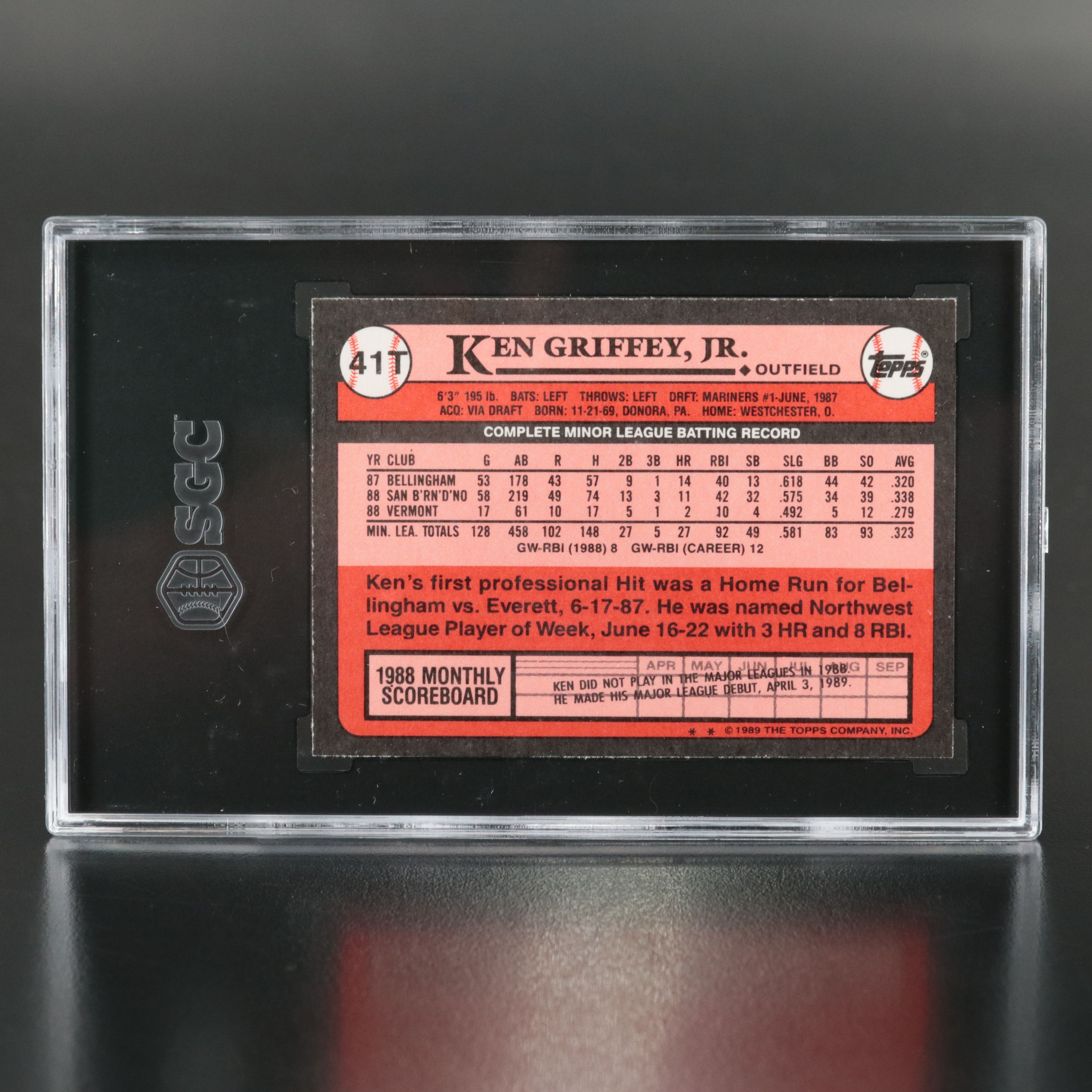 1989 Topps Traded Ken Griffey Jr. Seattle Mariners Rookie Card Graded SGC 9