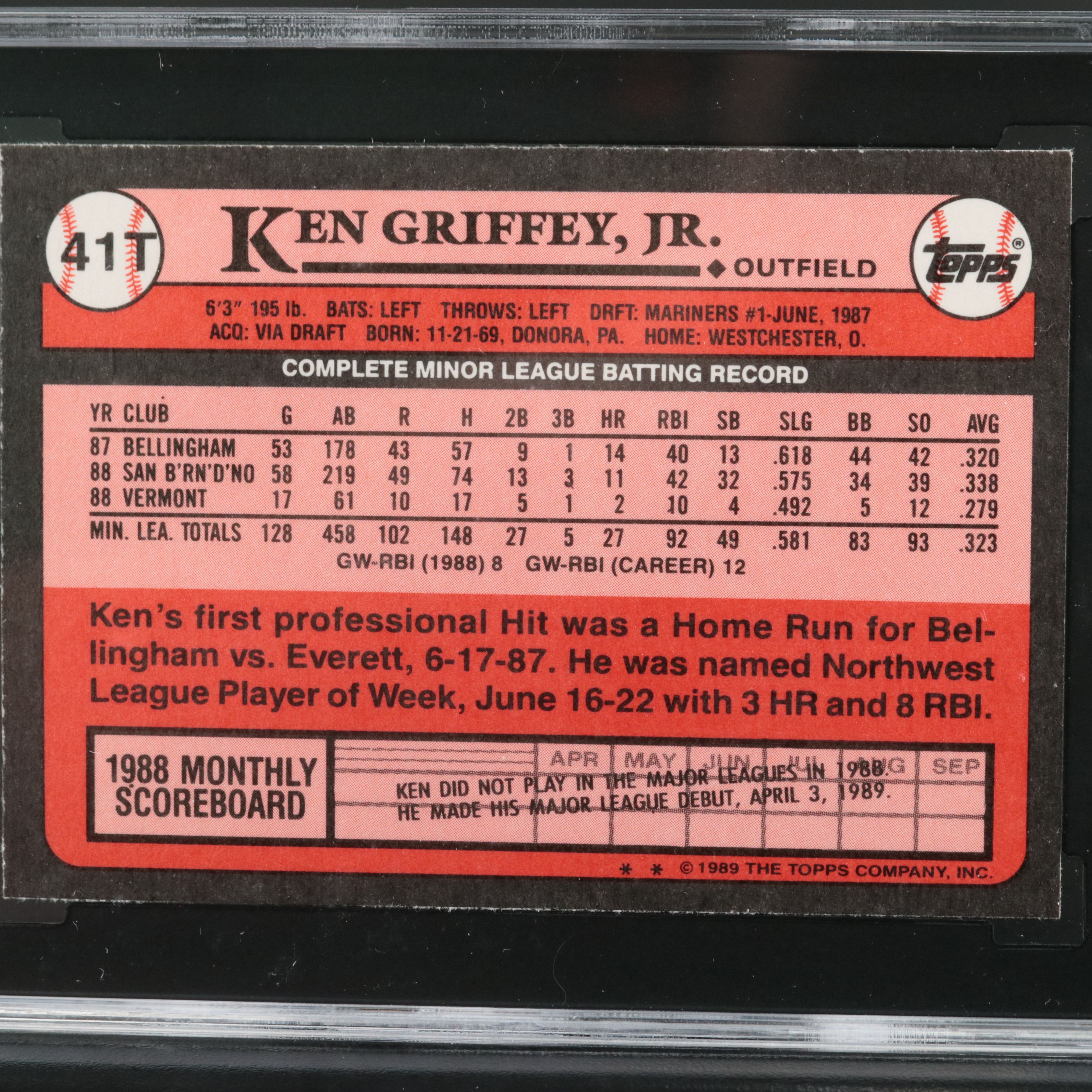 1989 Topps Traded Ken Griffey Jr. Seattle Mariners Rookie Card Graded SGC 9