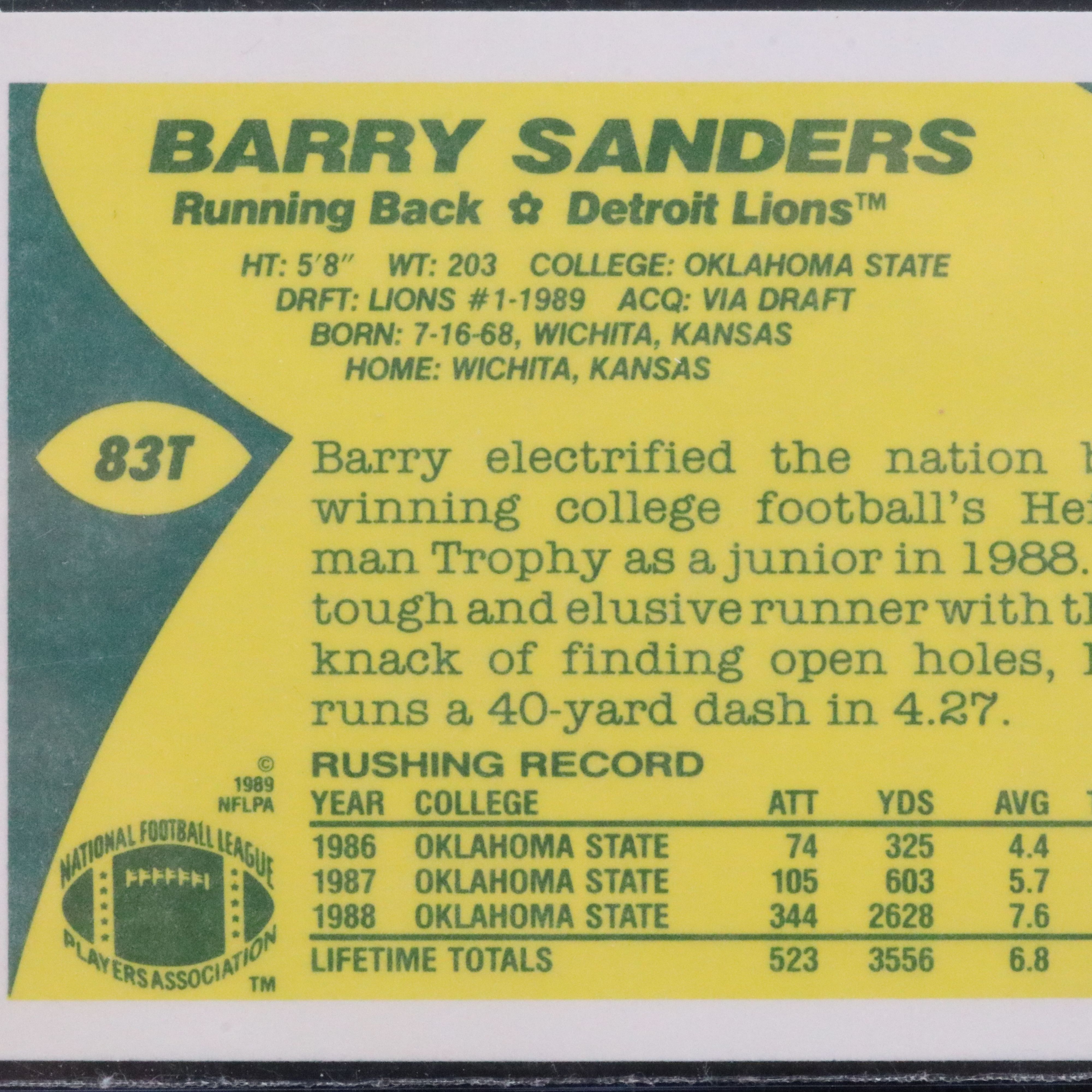 1989 Topps Traded Barry Sanders Detroit Lions Rookie Football Card