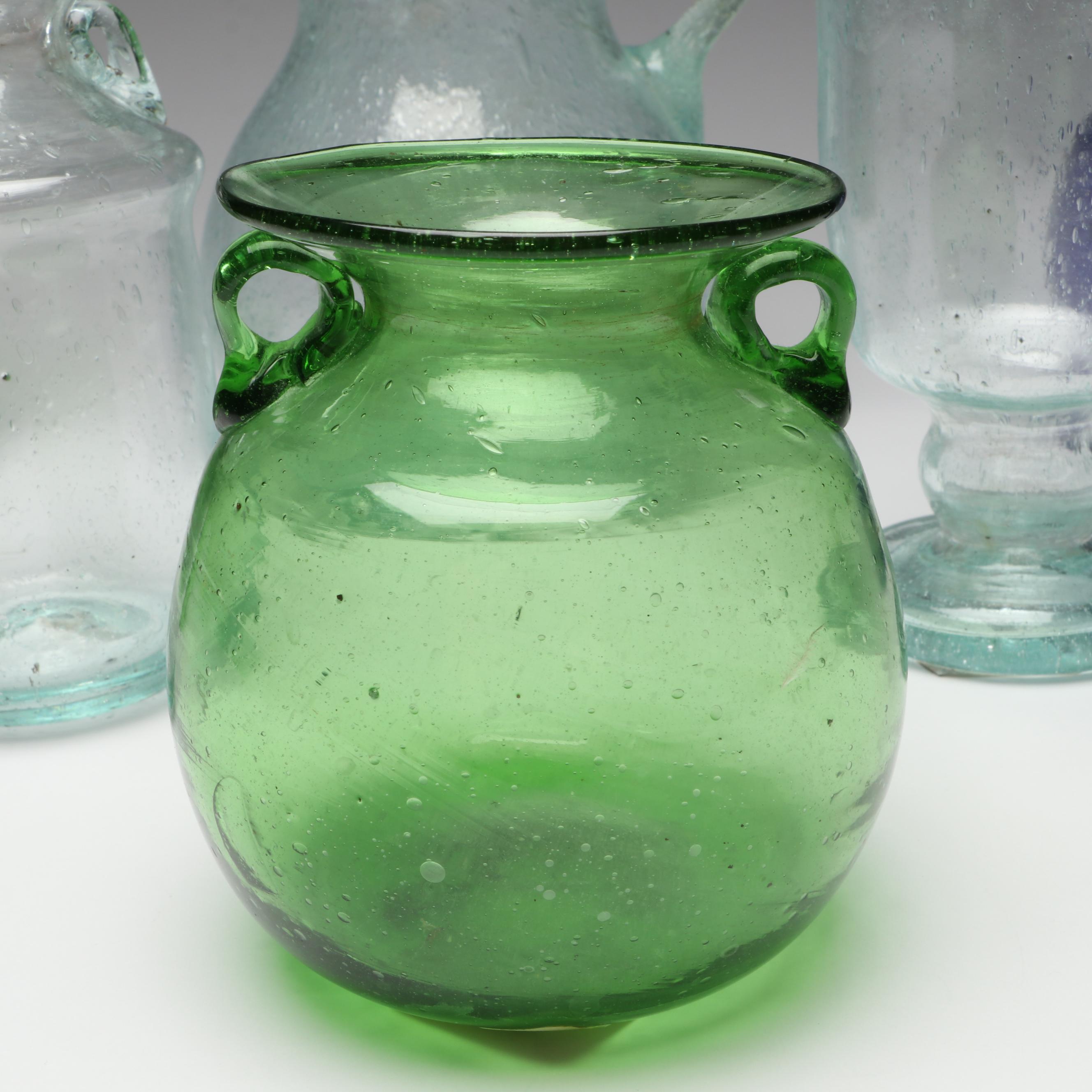 Handblown Green, Blue and Clear Glass Pitchers and Vases