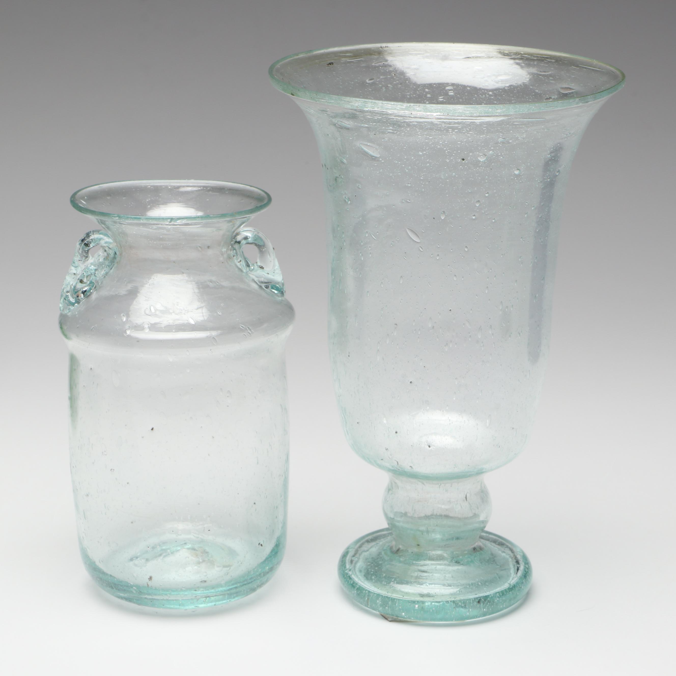 Handblown Green, Blue and Clear Glass Pitchers and Vases