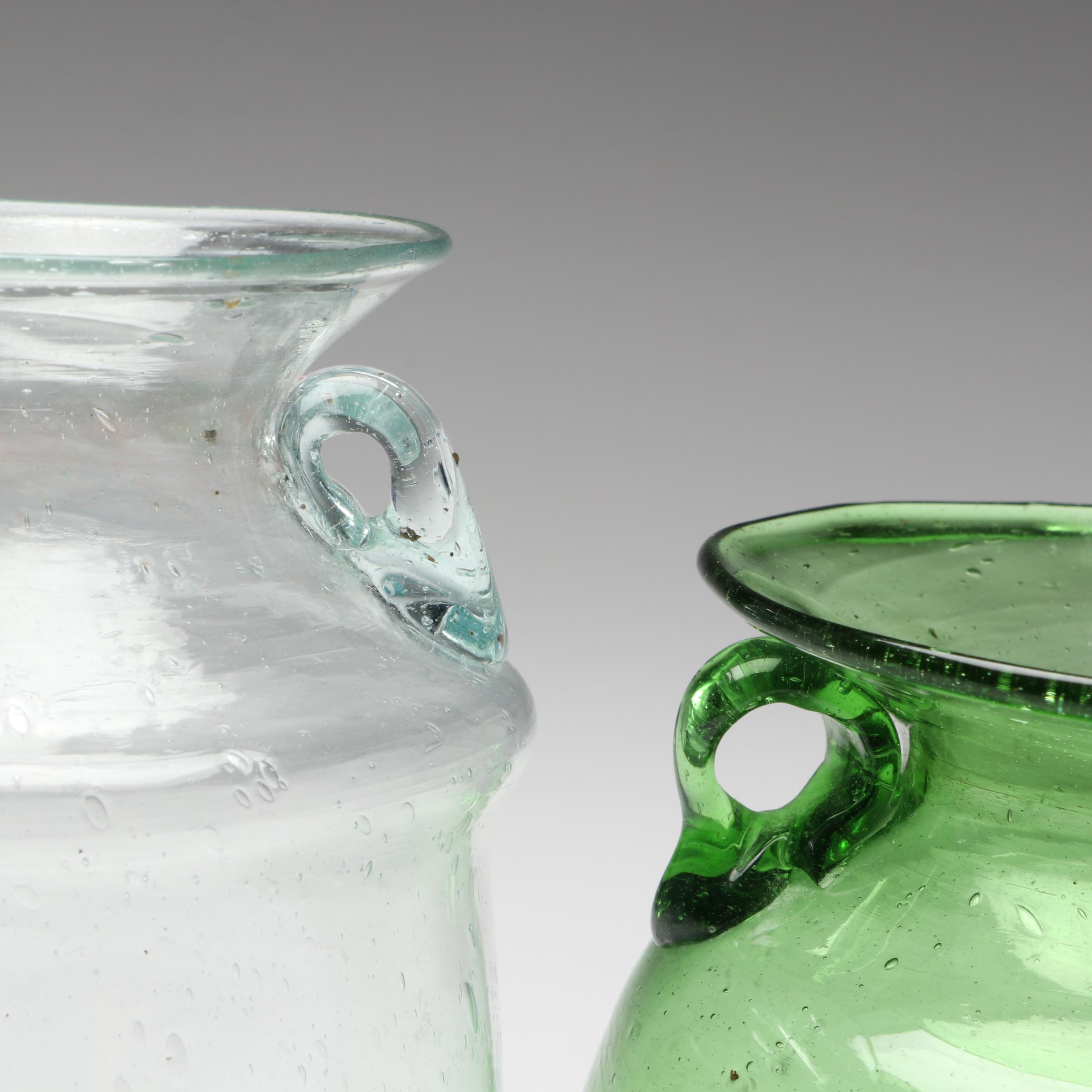 Handblown Green, Blue and Clear Glass Pitchers and Vases