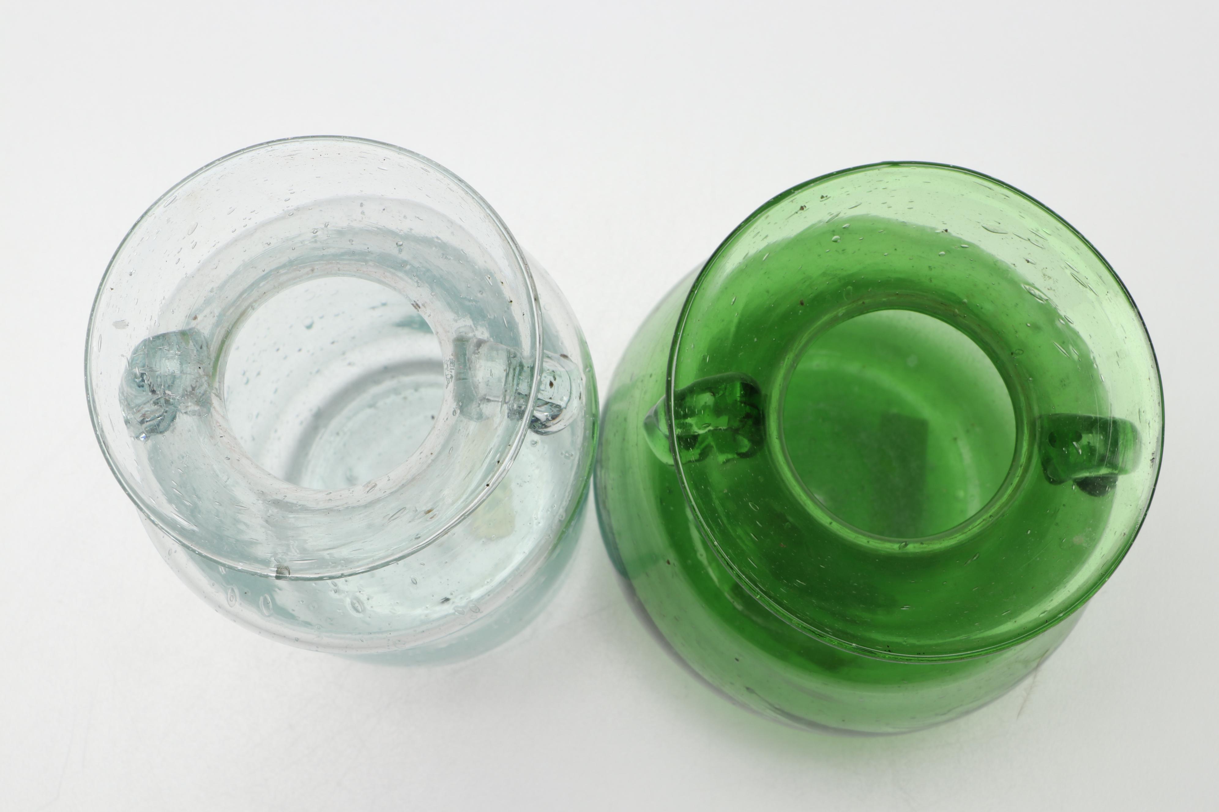 Handblown Green, Blue and Clear Glass Pitchers and Vases
