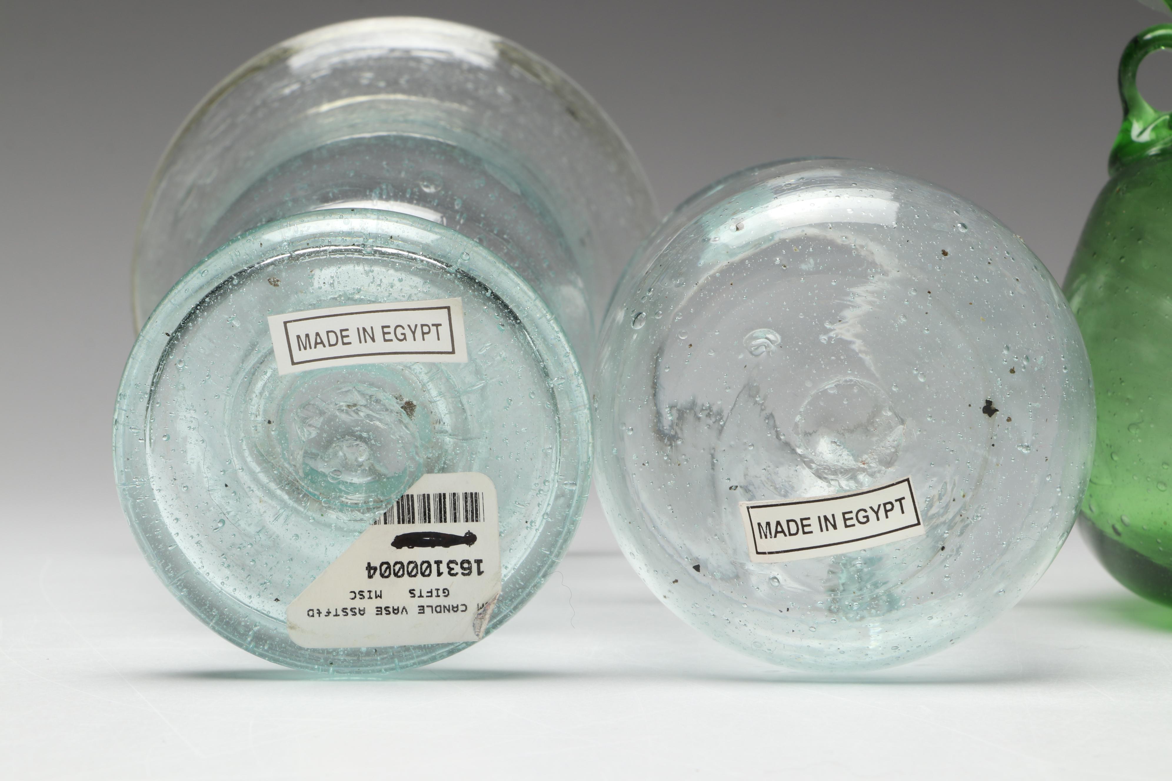 Handblown Green, Blue and Clear Glass Pitchers and Vases