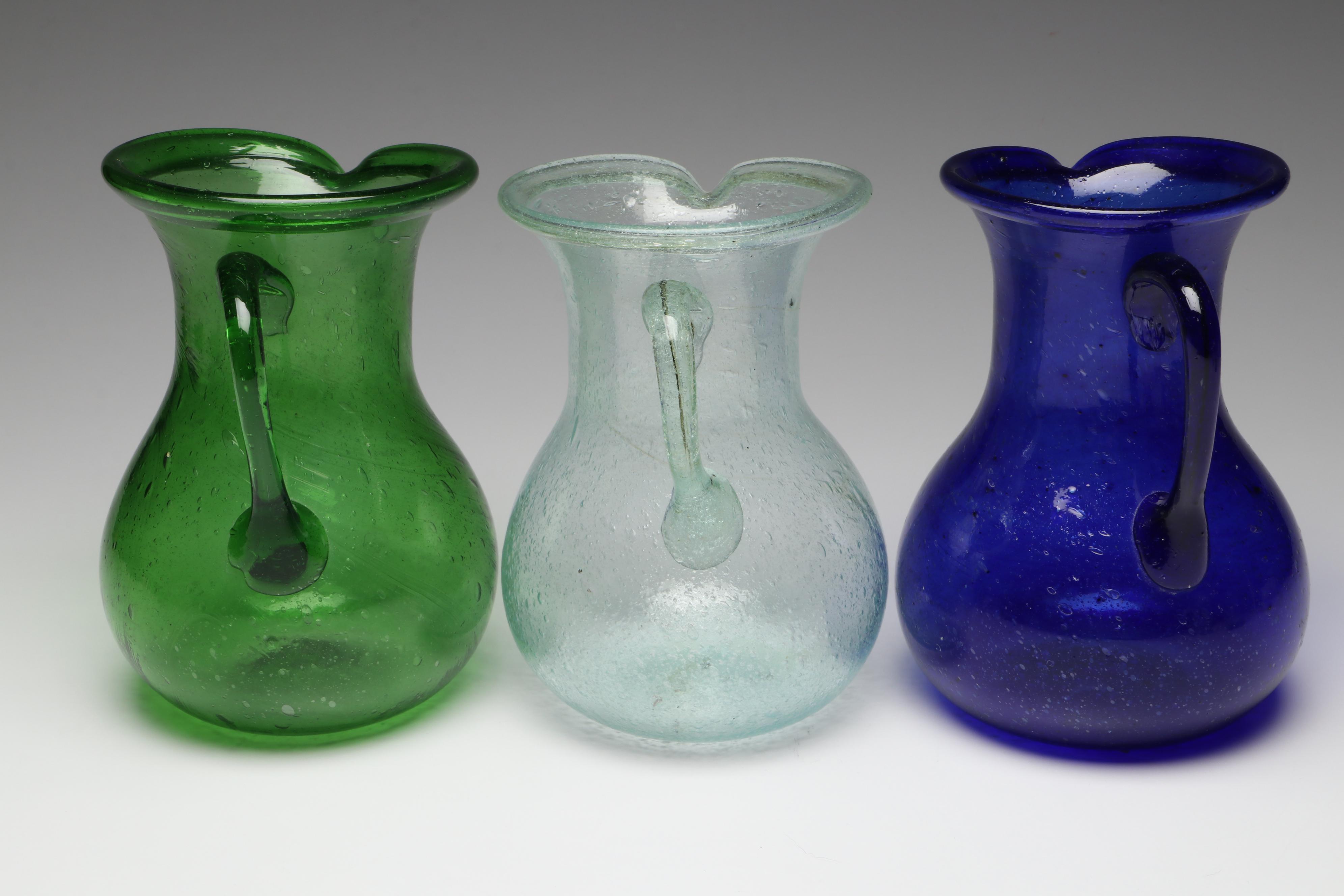 Handblown Green, Blue and Clear Glass Pitchers and Vases