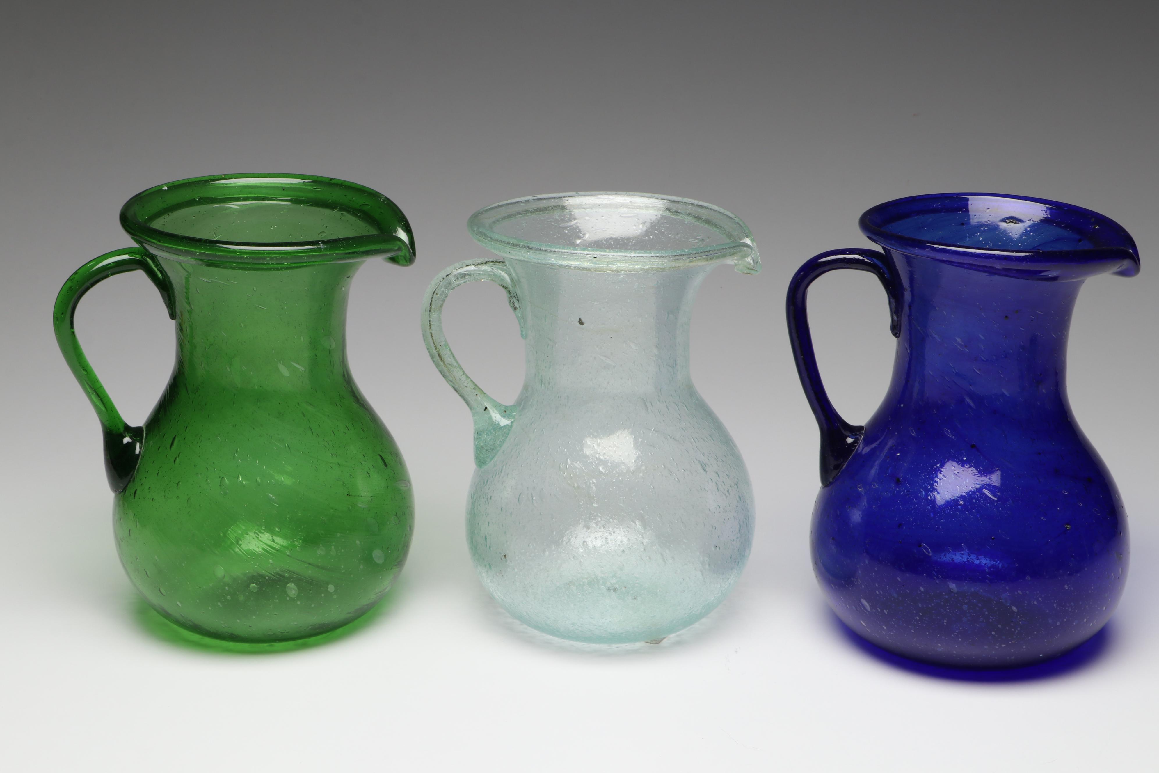 Handblown Green, Blue and Clear Glass Pitchers and Vases