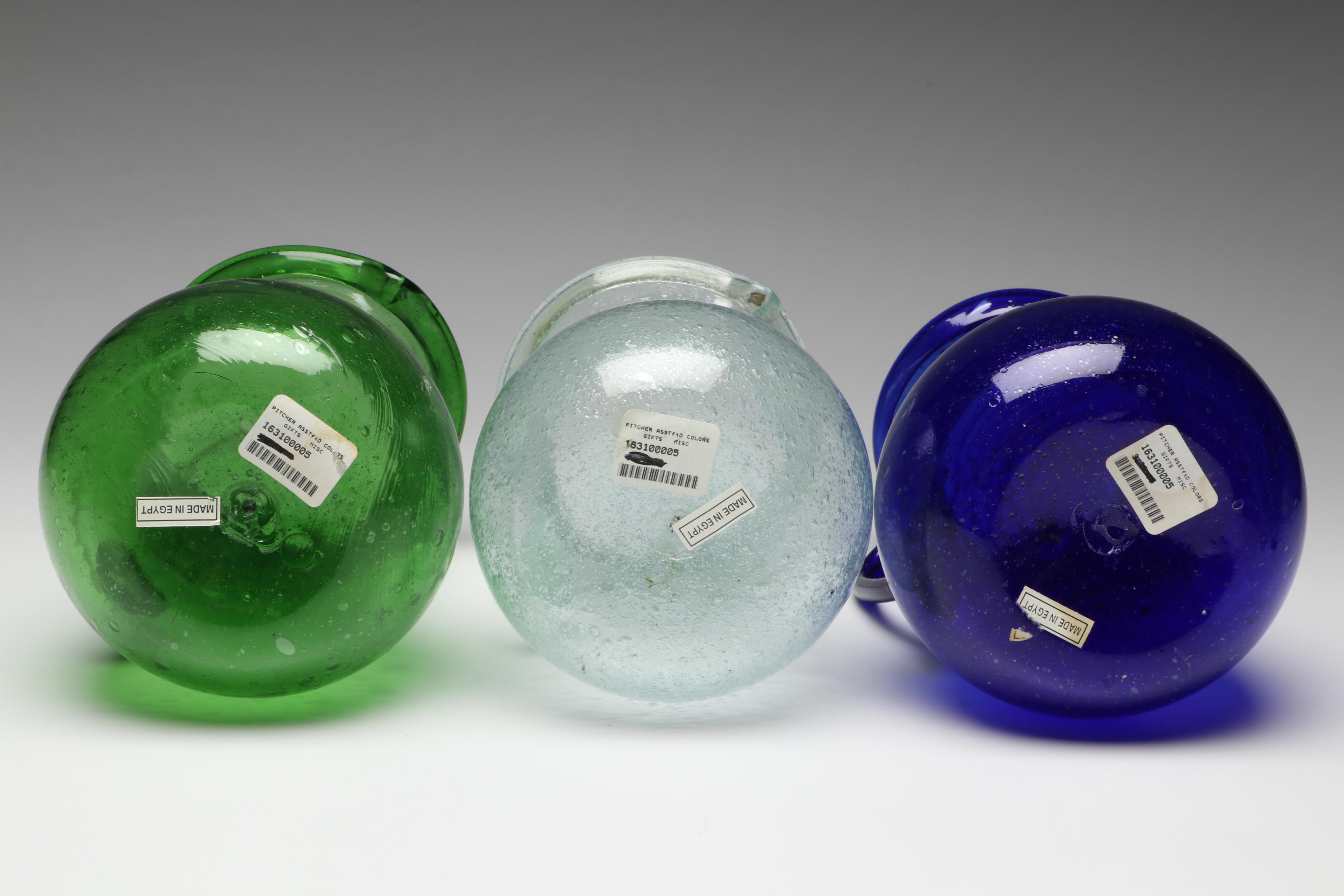 Handblown Green, Blue and Clear Glass Pitchers and Vases