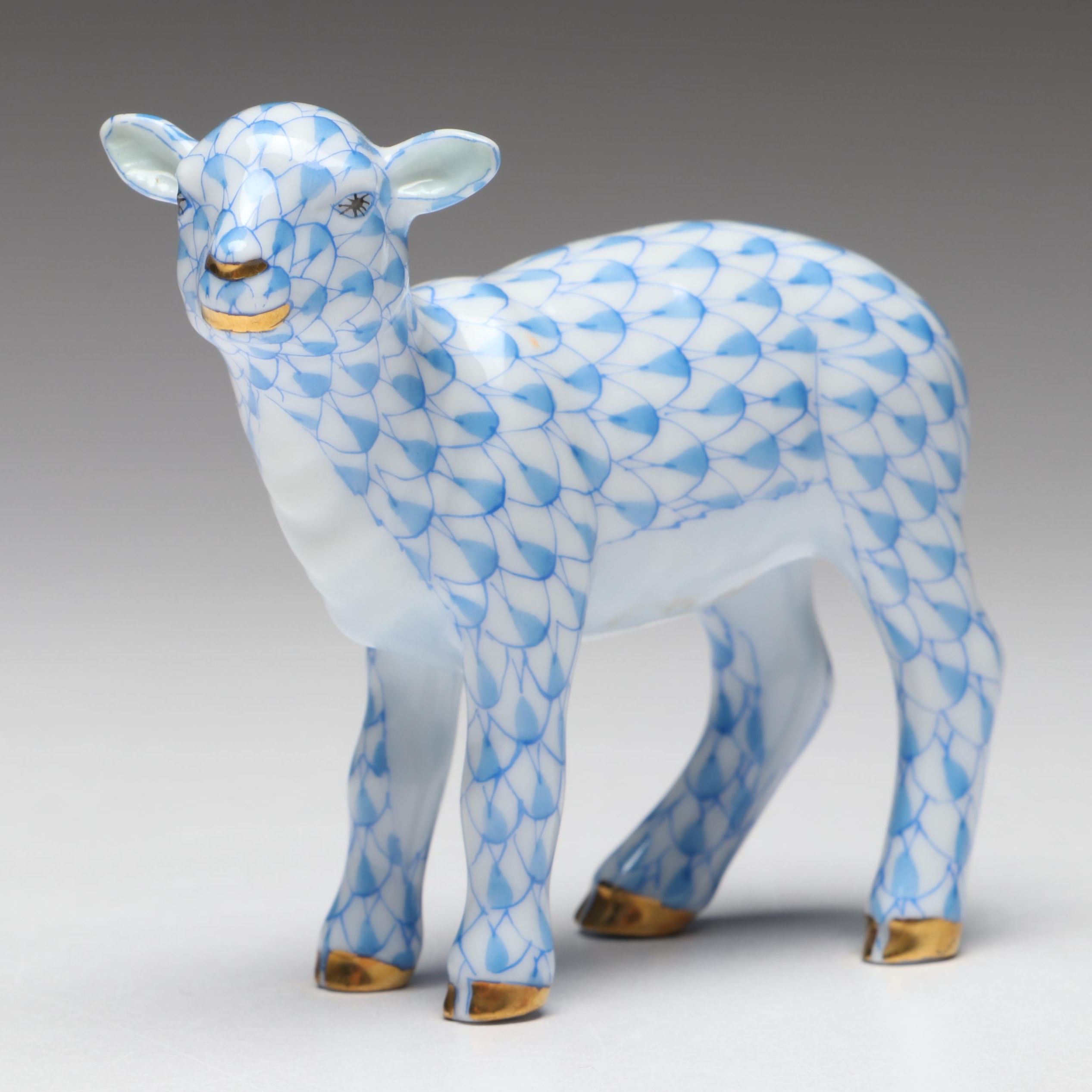 Herend Blue Fishnet with Gold "Baby Lamb" Porcelain Figurine