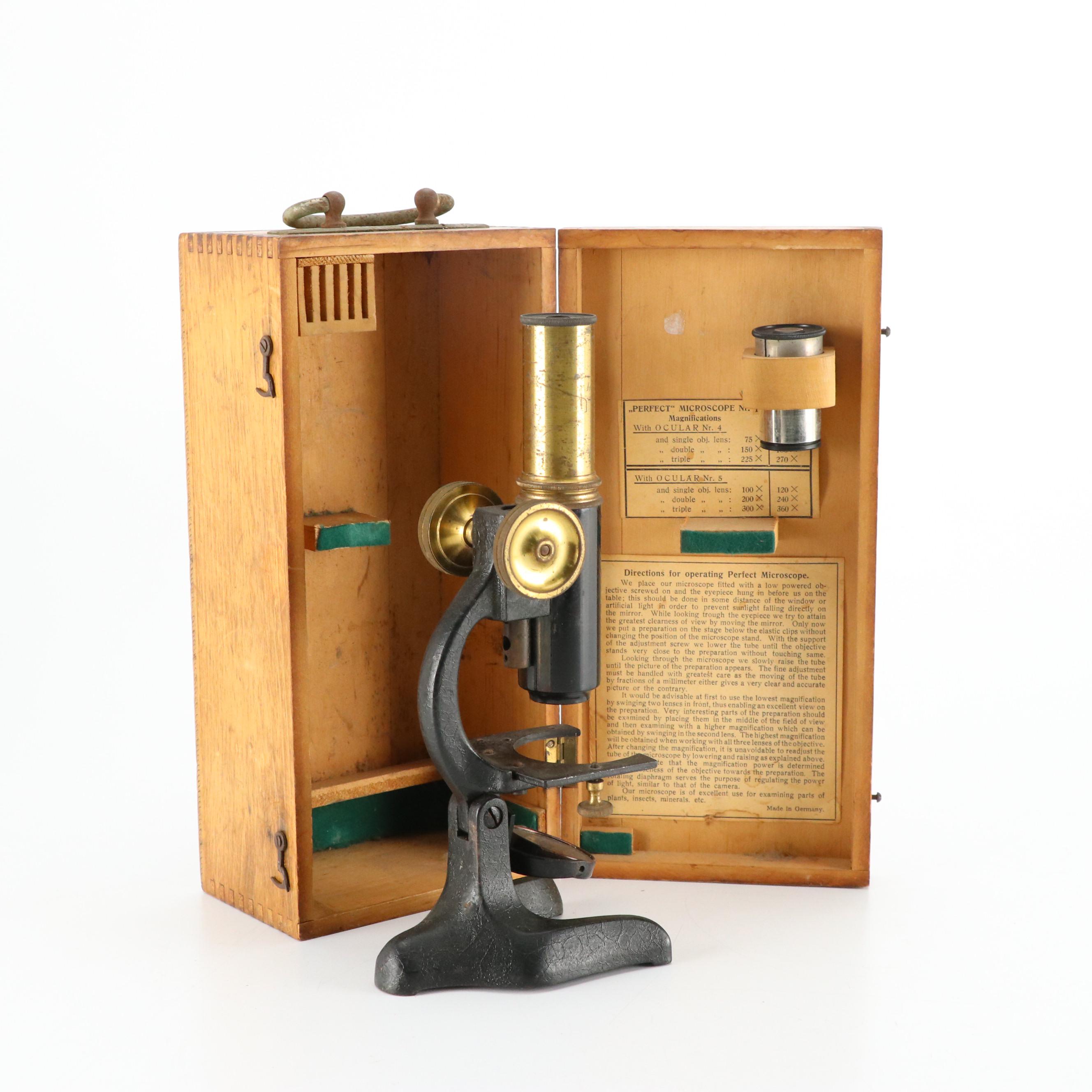 Testrite "Perfect" #110 and Other Brass Student Microscopes with Wooden Cases