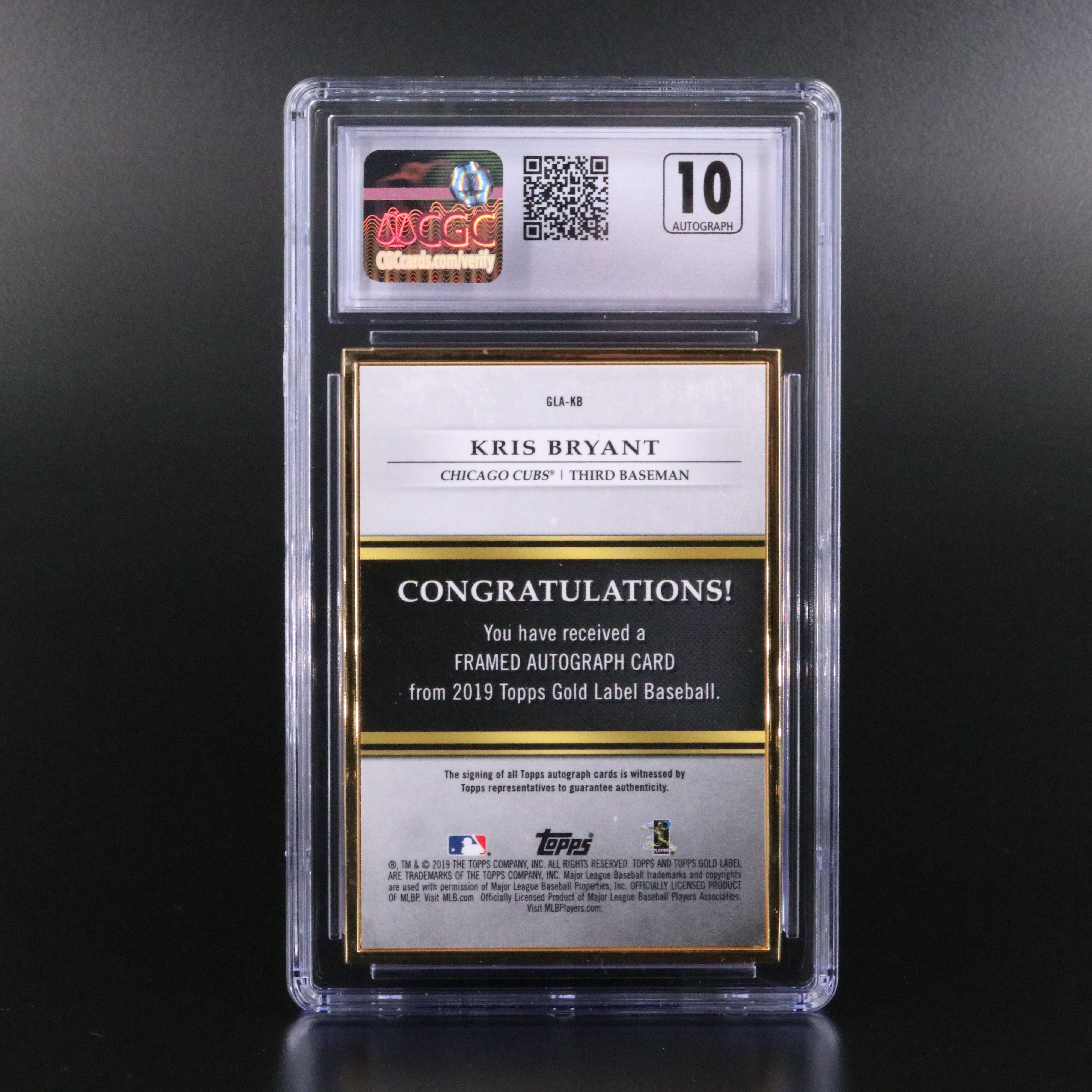 2019 Topps Gold Label Kris Bryant Signed Baseball Card No. 05/15 Graded CGC 9