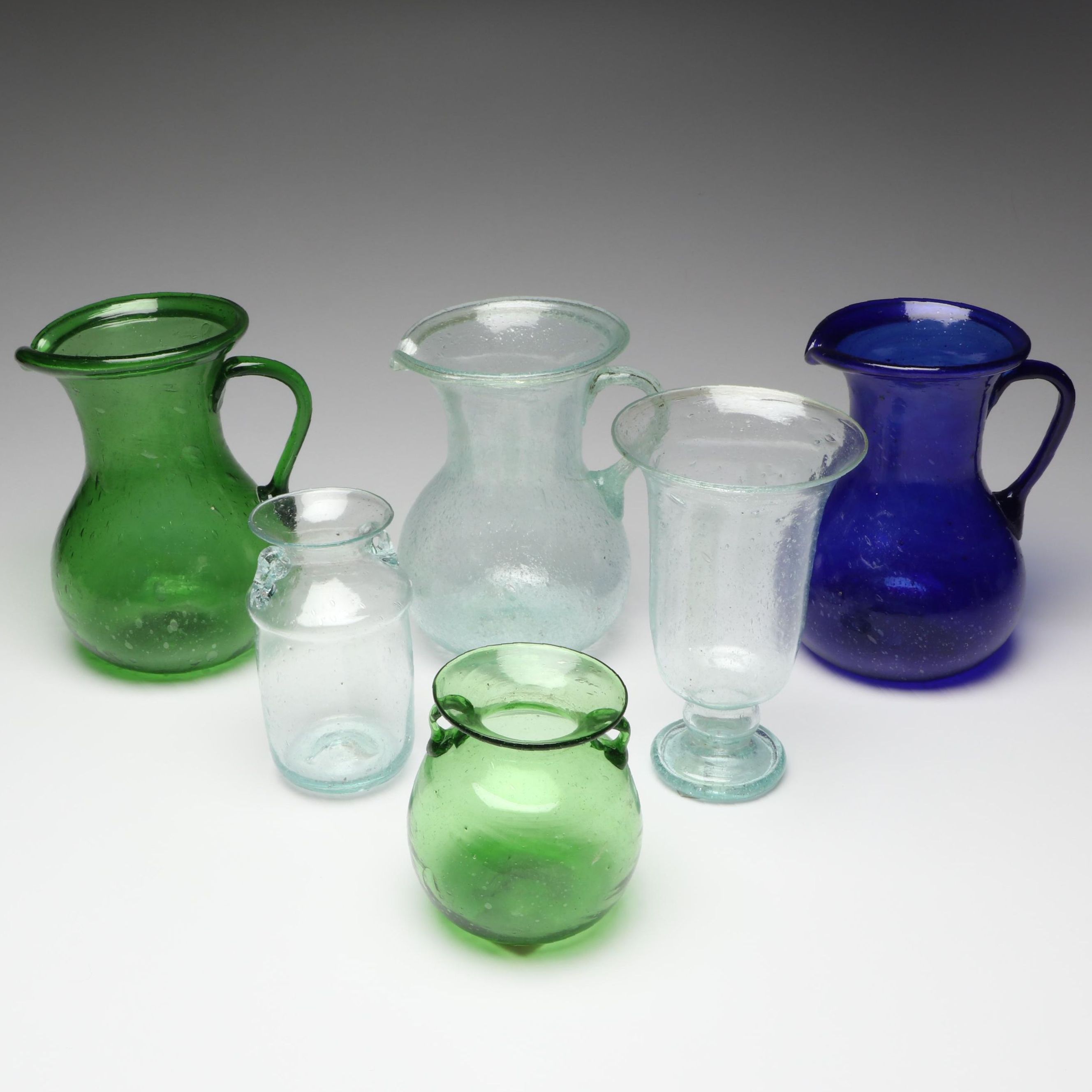 Handblown Green, Blue and Clear Glass Pitchers and Vases