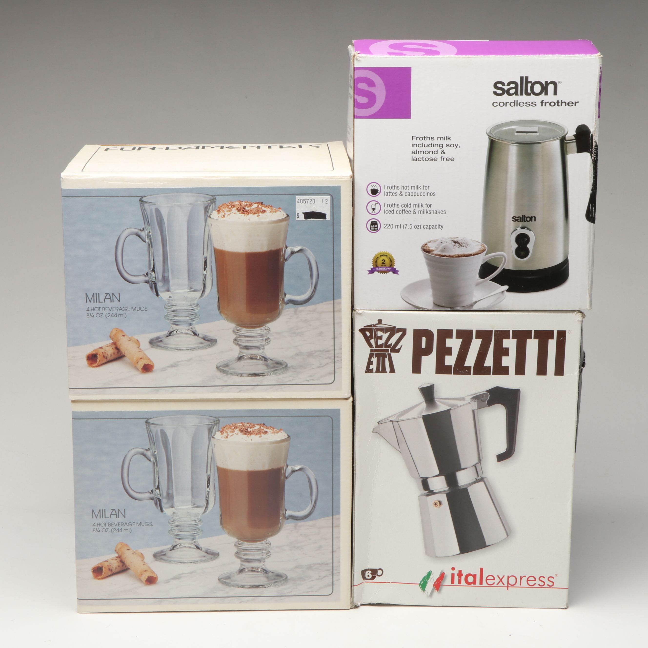 Pezzetti Coffee Maker, Salton Electric Frother & Fun-Damentals Milan Glass Cups