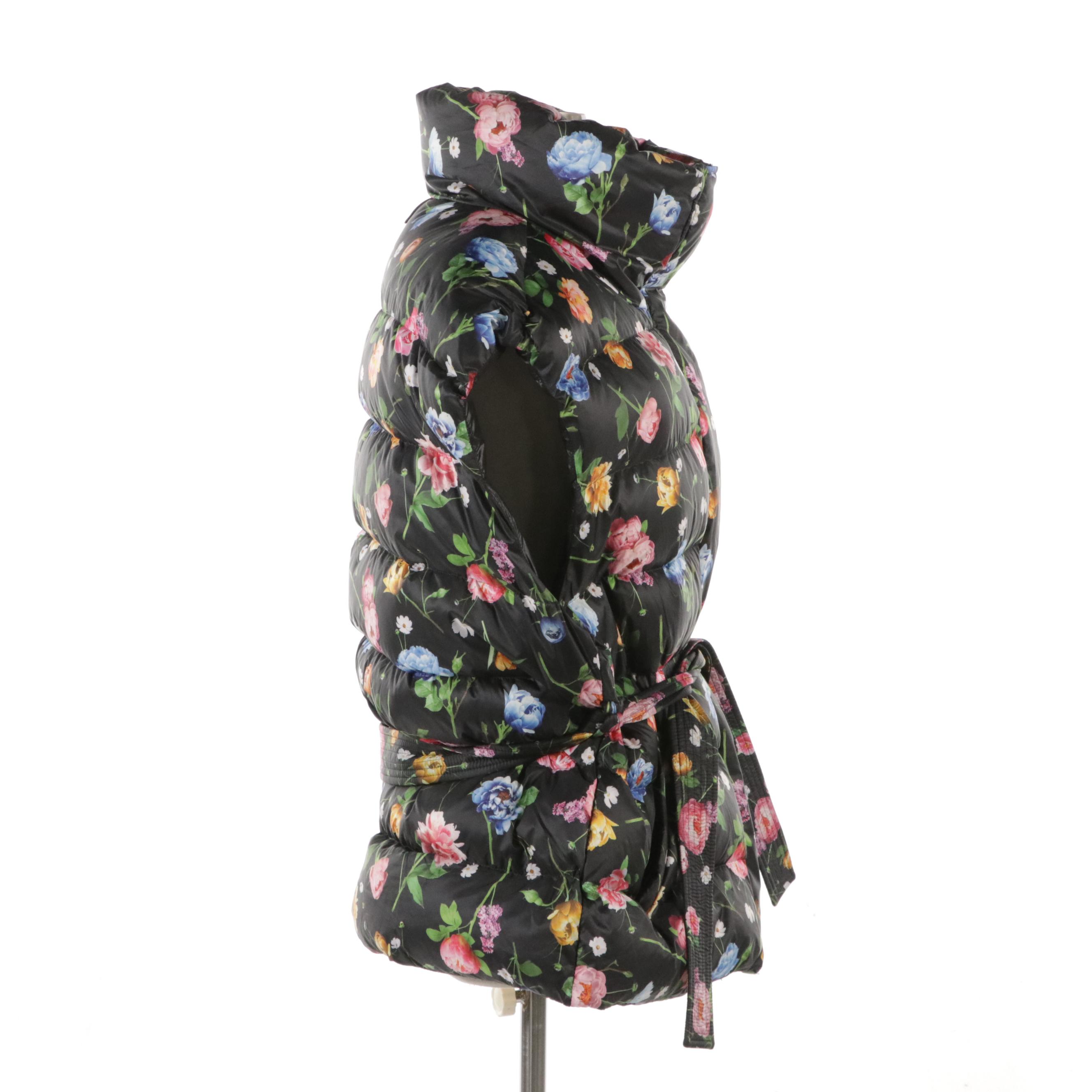 Mackage Floral Print Quilted Down Vest with Tie Belt